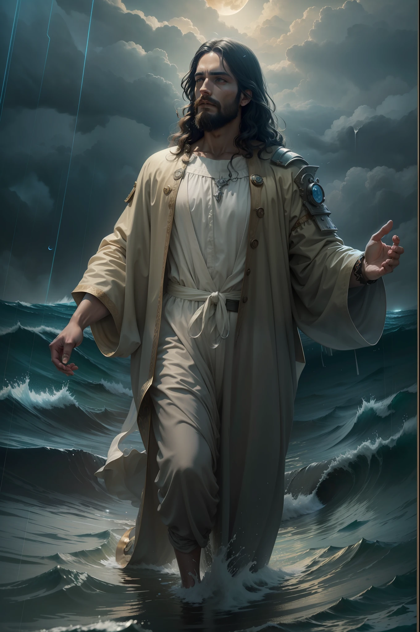 Jesus caminhando sobre as aguas, diante de uma lua cheia, chuva forte, ondas violentas, mar revolto, cores fria, imagem ultra realista, 8k, arte conceitual, steampunk, a noite escura. ultra realista 8k