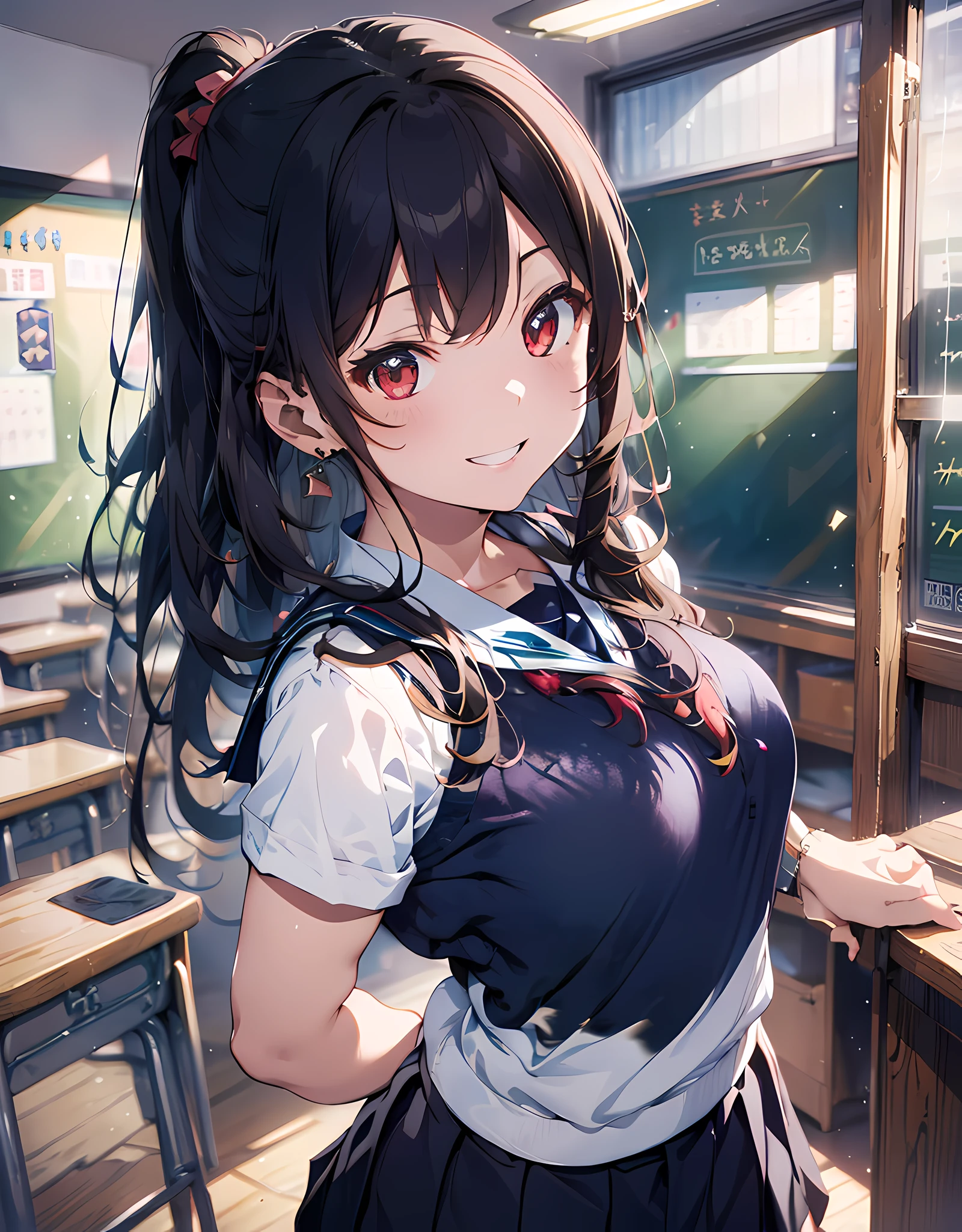 masterpiece, best quality, highres, ultra-detailed, ultra-sharp, Japanese school girl, 1girl, black hair, medium hair, pony-tail hair style, red eyes, jewelry, earrings, piercing, ((detailed school girl uniform:1.3), white collard shirt, (((navy jumper skirt:1.3))), lovely look), grin, light smile, standing, cowboy shot, outdoors, arms behind back, arms behind on hip, detailed human hands, HDTV:1.2, ((detailed school room background:1.3)), 8 life size, anime style, anime style school girl, inspiration from Kyoto animation and A-1 picture,