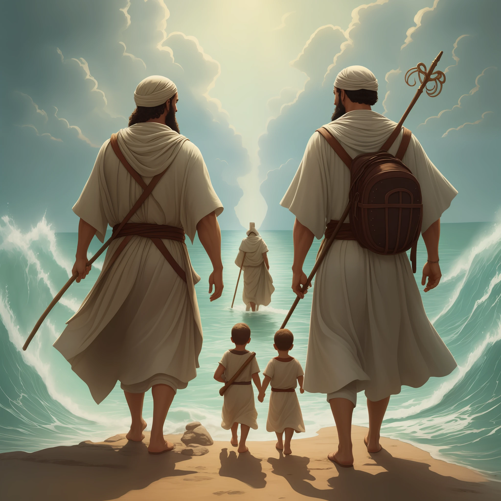 Moses with a staff, em meio ao mar, separando o mar em dois lados, um caminho no meio do mar, group of impressed Israelites walking with Moses, sea waters separated to pass in the middle, biblical image, children's illustration style, imagem linda, hiperdetalhado, realista.