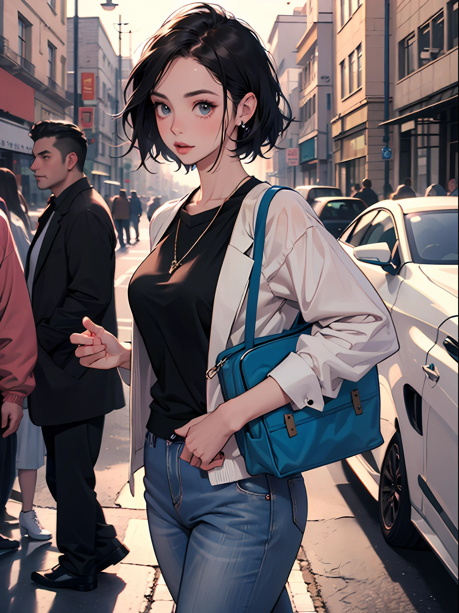 Young woman 25 years old: 1.3, short black hair: 1.2, Casual wear: 1.2, Daytime: 1.2, On the street: 1.2, Film lighting, Surrealism, UHD, ccurate, Super detail, textured skin, High detail, Best quality, 8k