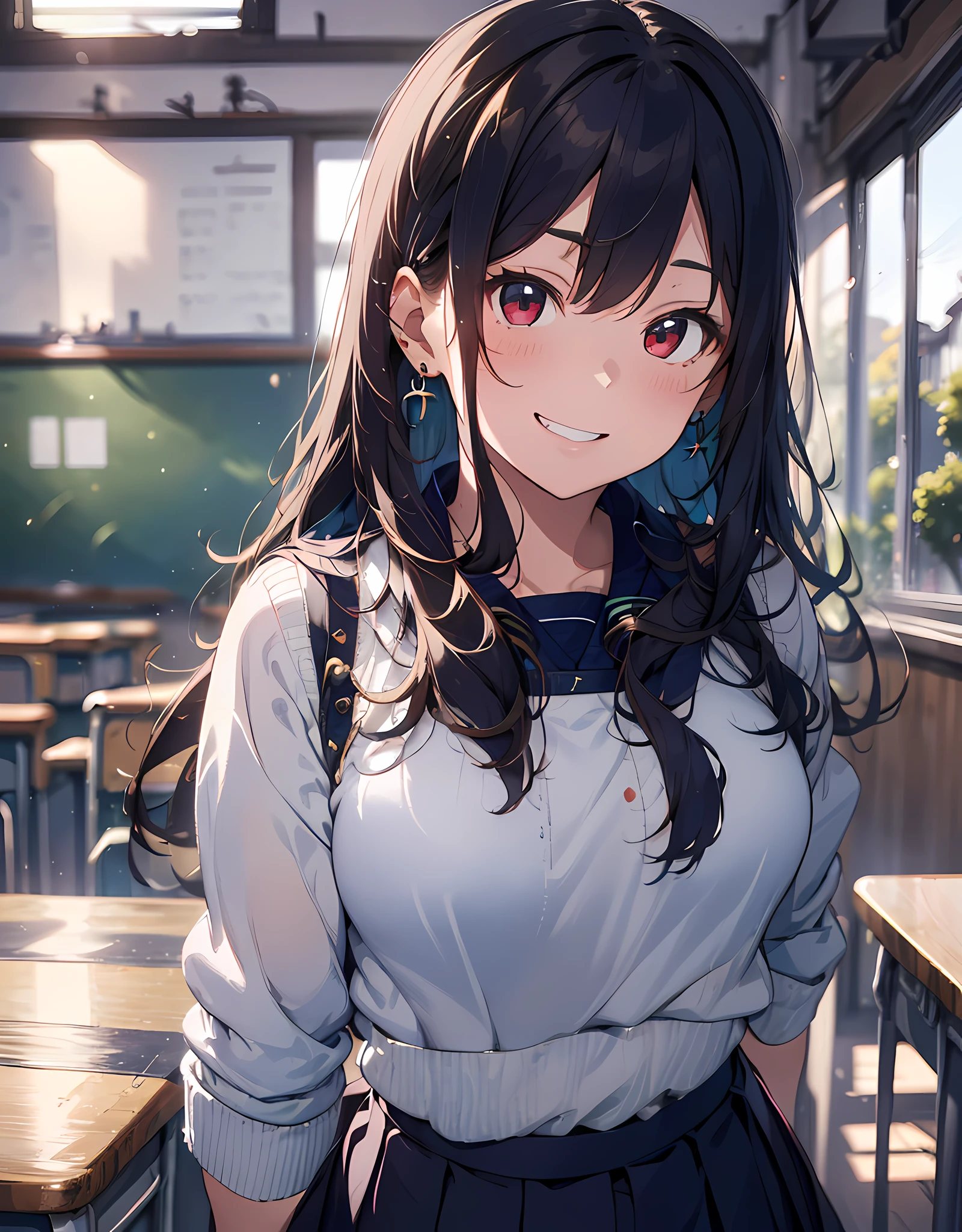 masterpiece, best quality, highres, ultra-detailed, ultra-sharp, Japanese school girl, 1girl, black hair, medium hair, pony-tail hair style, red eyes, jewelry, earrings, piercing, ((detailed school girl uniform:1.3), white collard shirt, (((navy jumper skirt:1.3))), lovely look), grin, light smile, standing, cowboy shot, outdoors, arms behind back, arms behind on hip, detailed human hands, HDTV:1.2, ((detailed school room background:1.3)), 8 life size, anime style, anime style school girl, inspiration from Kyoto animation and A-1 picture,