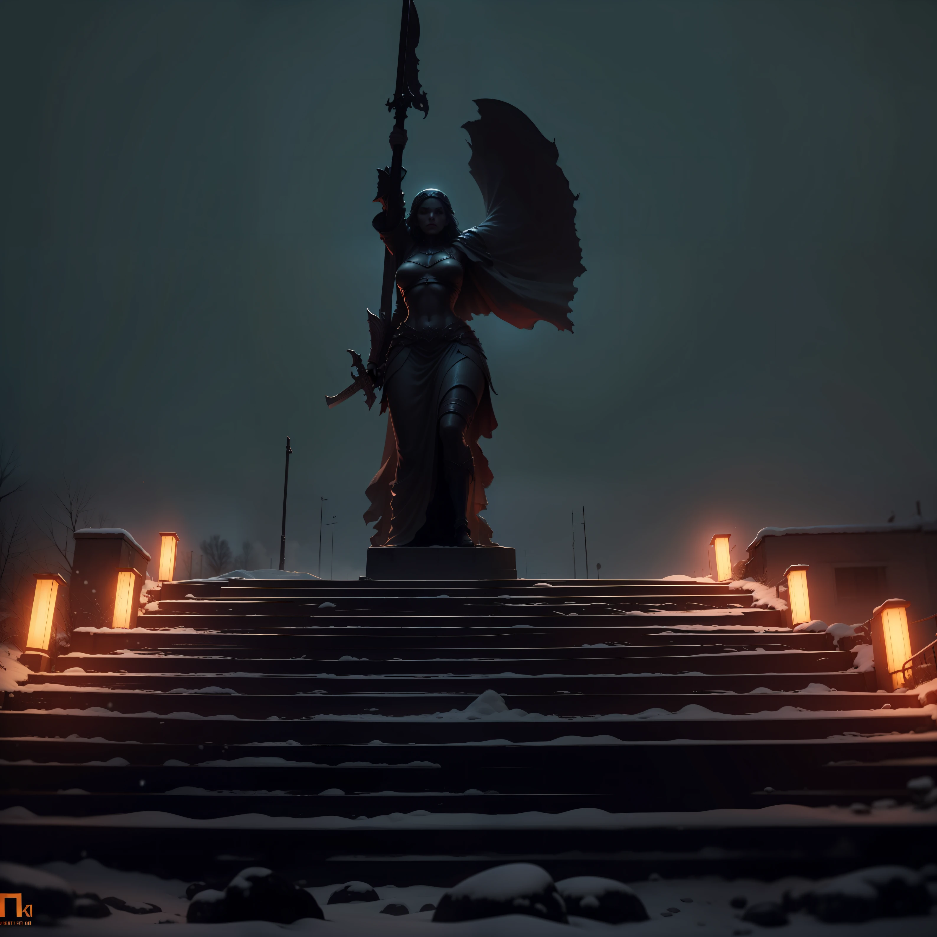 A statue of a female warrior raising his sword, at the top of a set of stairs. Soviet architecture, brustalism, dusk, Soviet brustalism architecture, yellowish lights, snow, gloomy weather, empty place, masterpiece, 4k wallpaper, dark ambiance, give cinematic shot, cinematic photography, cinematic wallpaper, image of film, cinematic image of film, dark scene, 4k cinematic.