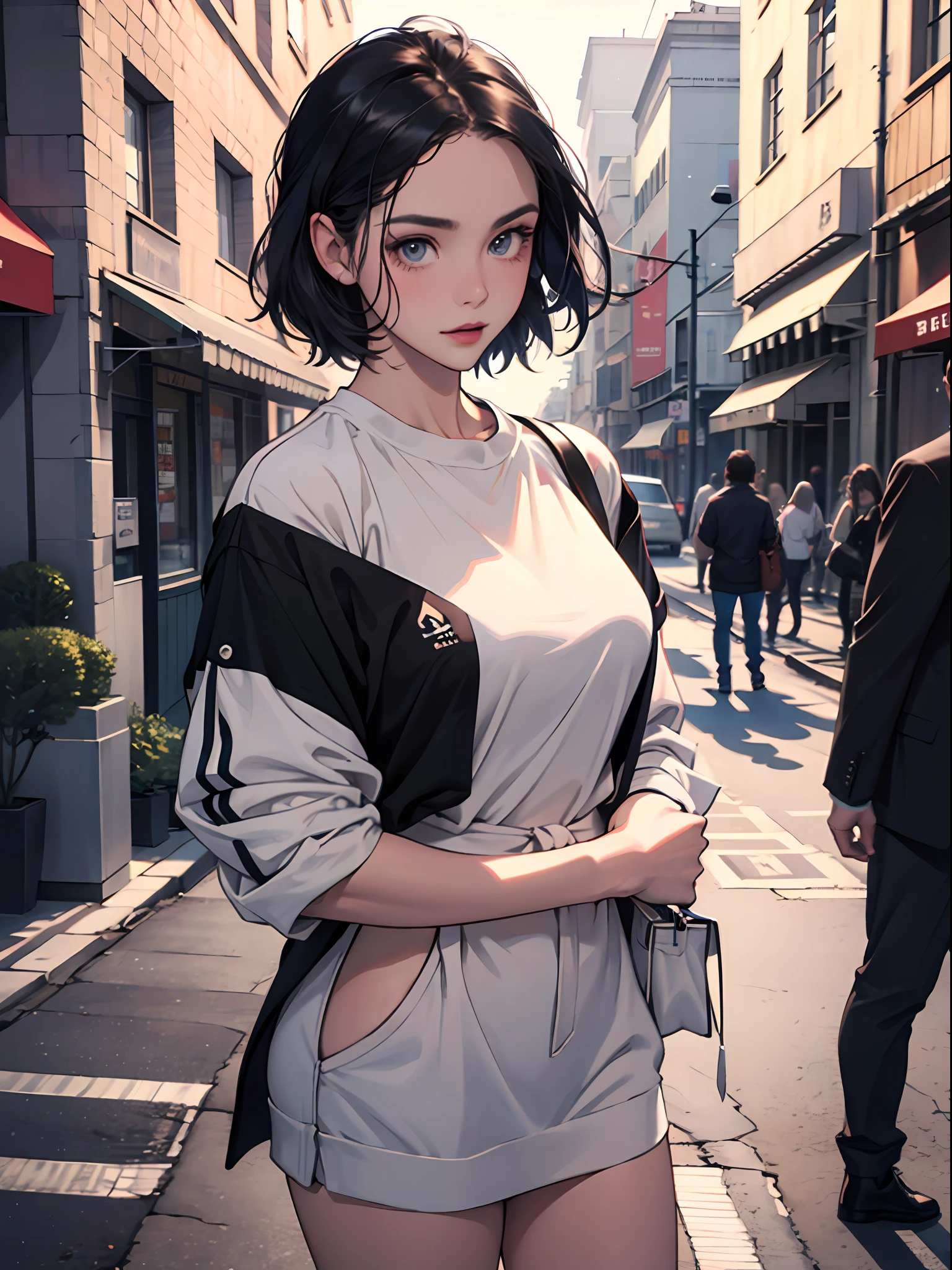 Young woman 25 years old: 1.3, short black hair: 1.2, Casual wear: 1.2, Daytime: 1.2, On the street: 1.2, Film lighting, Surrealism, UHD, ccurate, Super detail, textured skin, High detail, Best quality, 8k