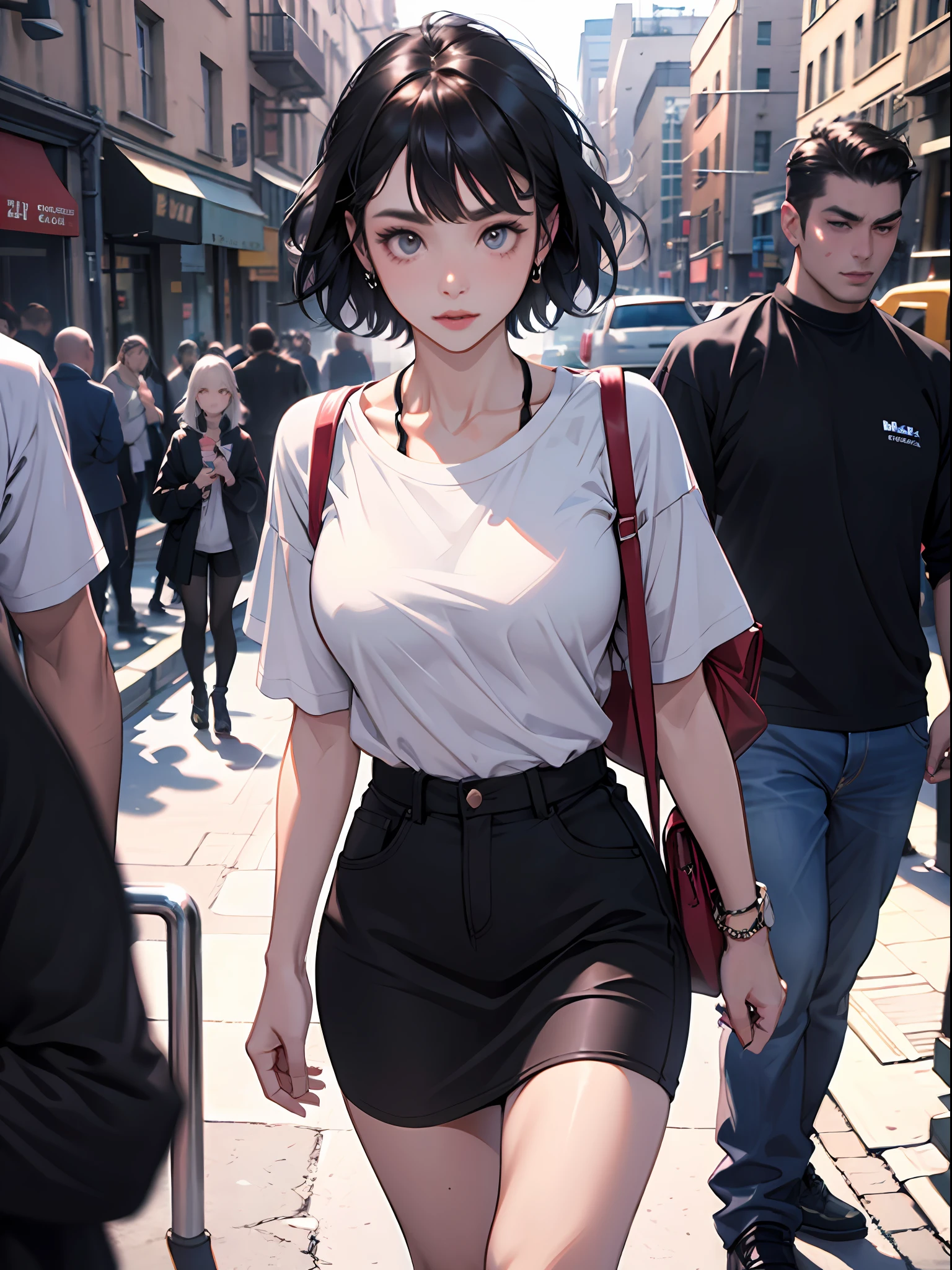 Young woman 25 years old: 1.3, short black hair: 1.2, Casual wear: 1.2, Daytime: 1.2, On the street: 1.2, Film lighting, Surrealism, UHD, ccurate, Super detail, textured skin, High detail, Best quality, 8k