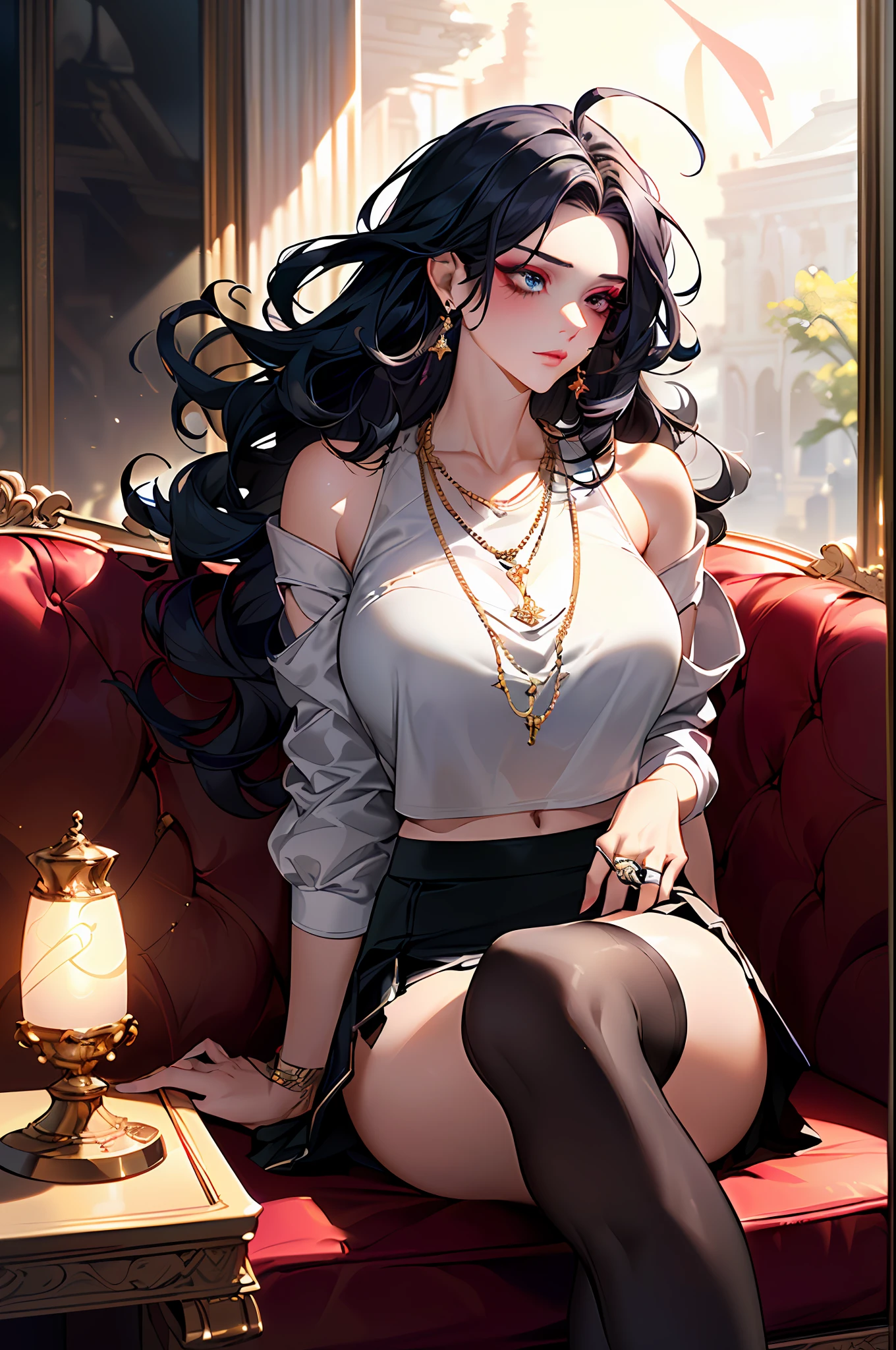 Morning,Black color hair,(best qualtiy,8K,tmasterpiece),(Being in the room,sitting in the couch,Capture),(A pretty maiden,is shy,cabelos preto e longos,Long messy hair,curlies,Huge eyes:1.3,Long eyelashes,Delicate makeup:1.4,Sexy lips,Blushlush),(Exquisite watches,Reflective necklace,Bulgari's earrings,Bulgari's ring),(Being in the room,sitting in the couch,Capture),(Fashionable outfits,Wear loose white clothing,baggy clothes,cropped shoulders,),(middle breasts,endure),(Black oily transparent stockings),(Very short skirt,Superskirt),Light ripe,Royal Sister,Best light,Best shadow,电影灯光,28 years old,1girll,Need,(realskin,Supple skin)Ray traching,Unreal Engine 5,Reflective skin,Digital illustration,Game CG characters,super model,(kpop,heartthrob),(Body edge lighting,Colored light sources are around),There is wind blowing hair,Looking into the distance