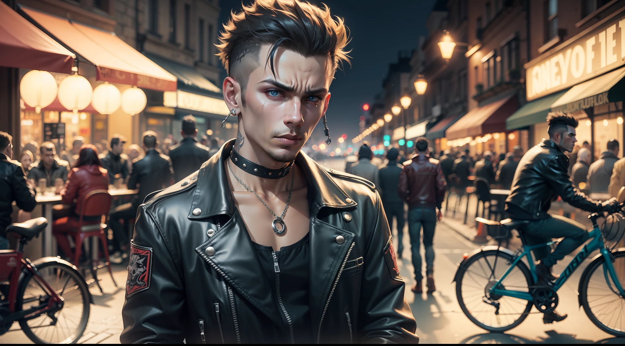 Street biker Punk of the near future, illuminated by the street lights, A dramatic night scene, intense, cafe scene,