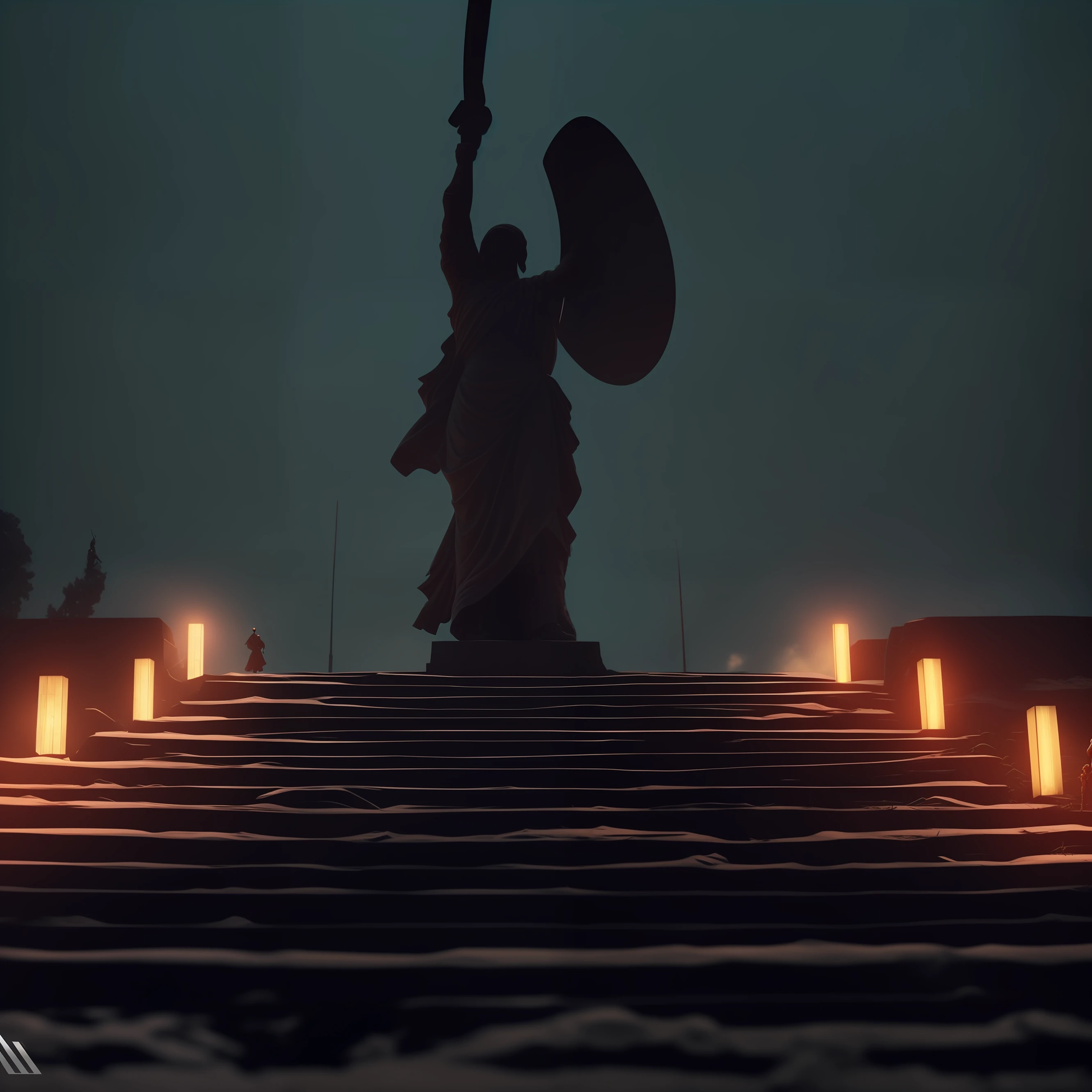 A statue of a warrior raising her sword, no topo de um conjunto de escadas. Soviet architecture, Brustalismo, Twilight, Architecture of Soviet Brustalism, luzes amareladas, neve, Tempo sombrio, lugar vazio, master part, Papel de parede 4k, atmosfera escura, Give cinematic shot, cinematic photography, cinematic wallpaper, imagem do filme, cinematic movie image, cena escura, 4K cinematics.