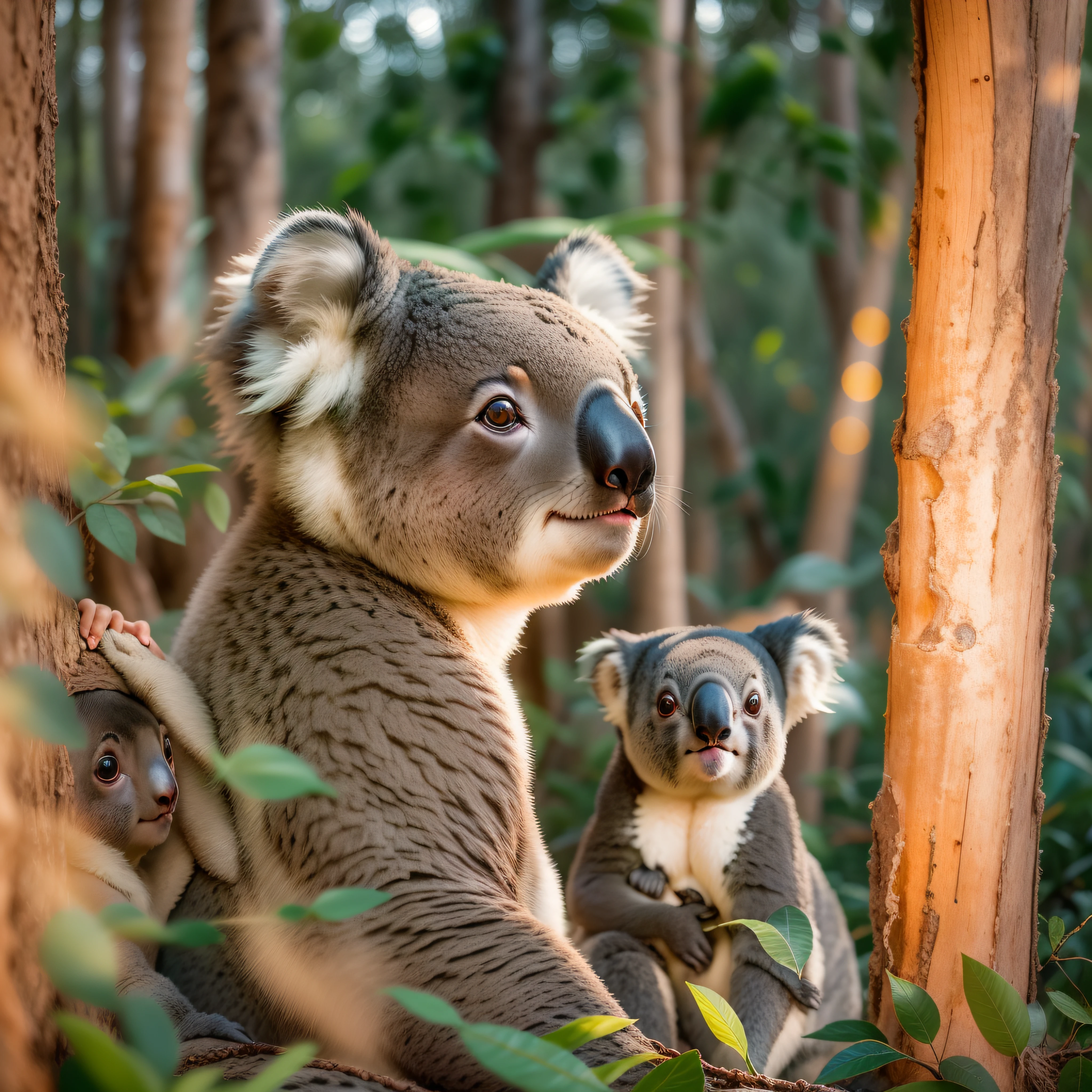 realistic photograph, a family of three koalas (two adults, one child) in a eucalyptus forest with a sunset, reflection light, Nikon, 35mm, Fujifilm, Fujicolor, god rays, lens flare, 8k, super detail, ccurate, best quality, award winning