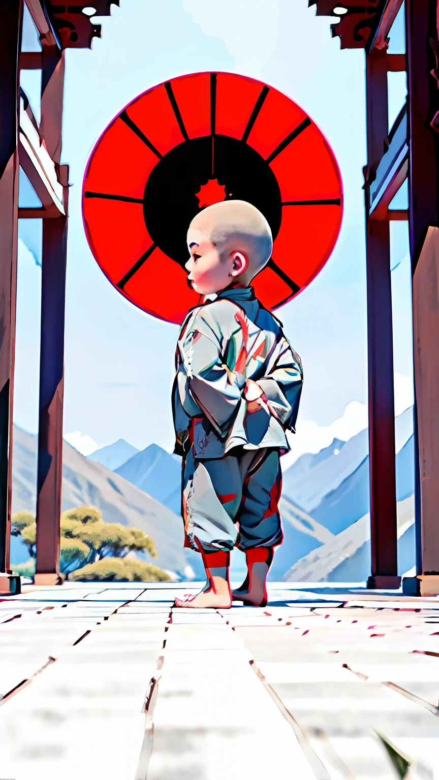 A Chinese monk,bald-headed,Place your hands behind your back,Holding a bouquet of red flowers in his hand,Dressed in gray,Wear white socks,In the background is the magnificent temple architecture,zen feeling,Quiet,Light