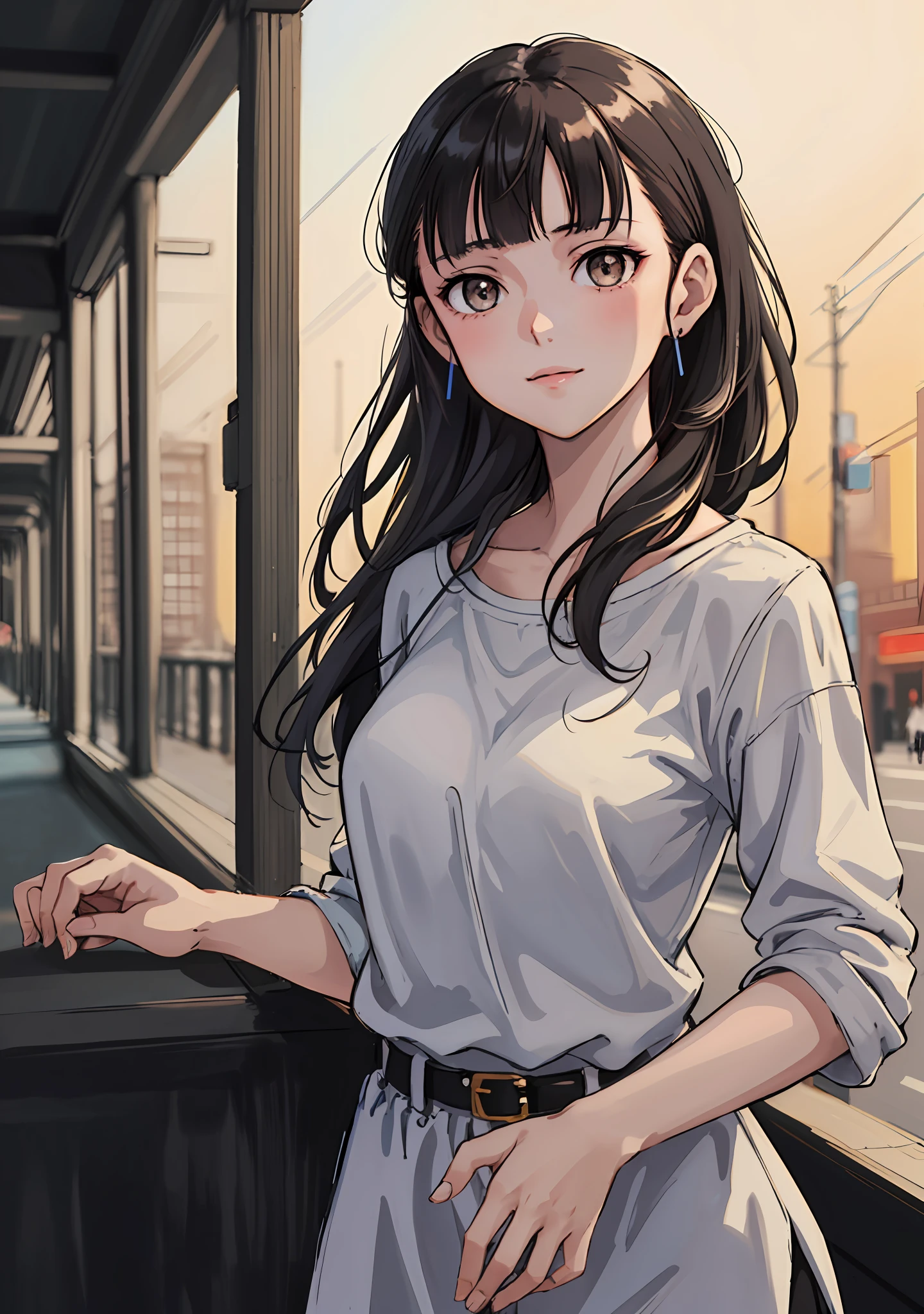 (highres, best quality:1.2), 1girl, Shaft artstyle, 1girl, sparkling eyes, radiance, soft contours, beautiful drawing, upper body, concept art, neon light, eyelashes, black hair, sakamoto mio, brown eyes, casual wear