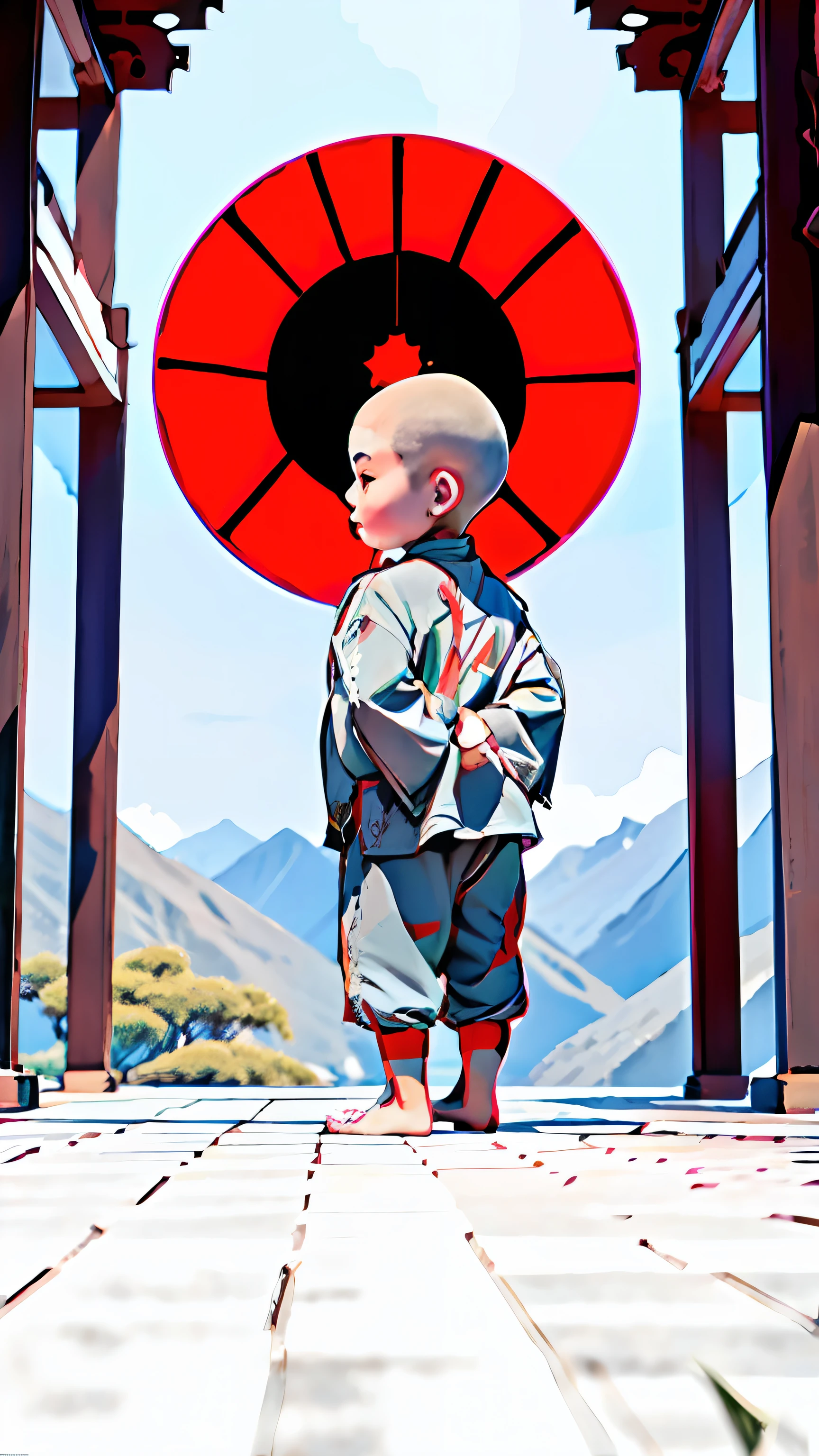 A Chinese monk，bald-headed，Place your hands behind your back，Holding a bouquet of red flowers in his hand，Dressed in gray，Wear white socks，In the background is the magnificent temple architecture，zen feeling，Quiet，Light