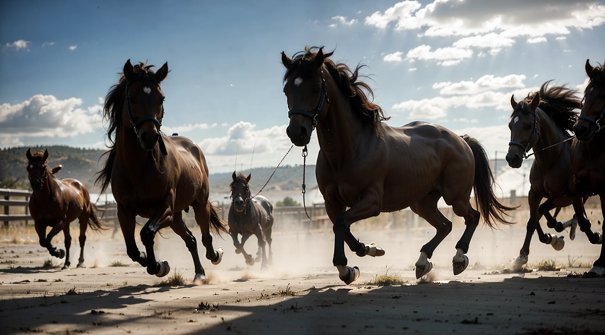 masterpiece, ((sem pessoas)), um cavalo mustang preto forte e poderoso correndo da frente, forte, Muscles, Front view, Correndo livremente, ((Cavalo Mustang Preto)), Yellowstone, luz solar, raios de sol, grama, neve