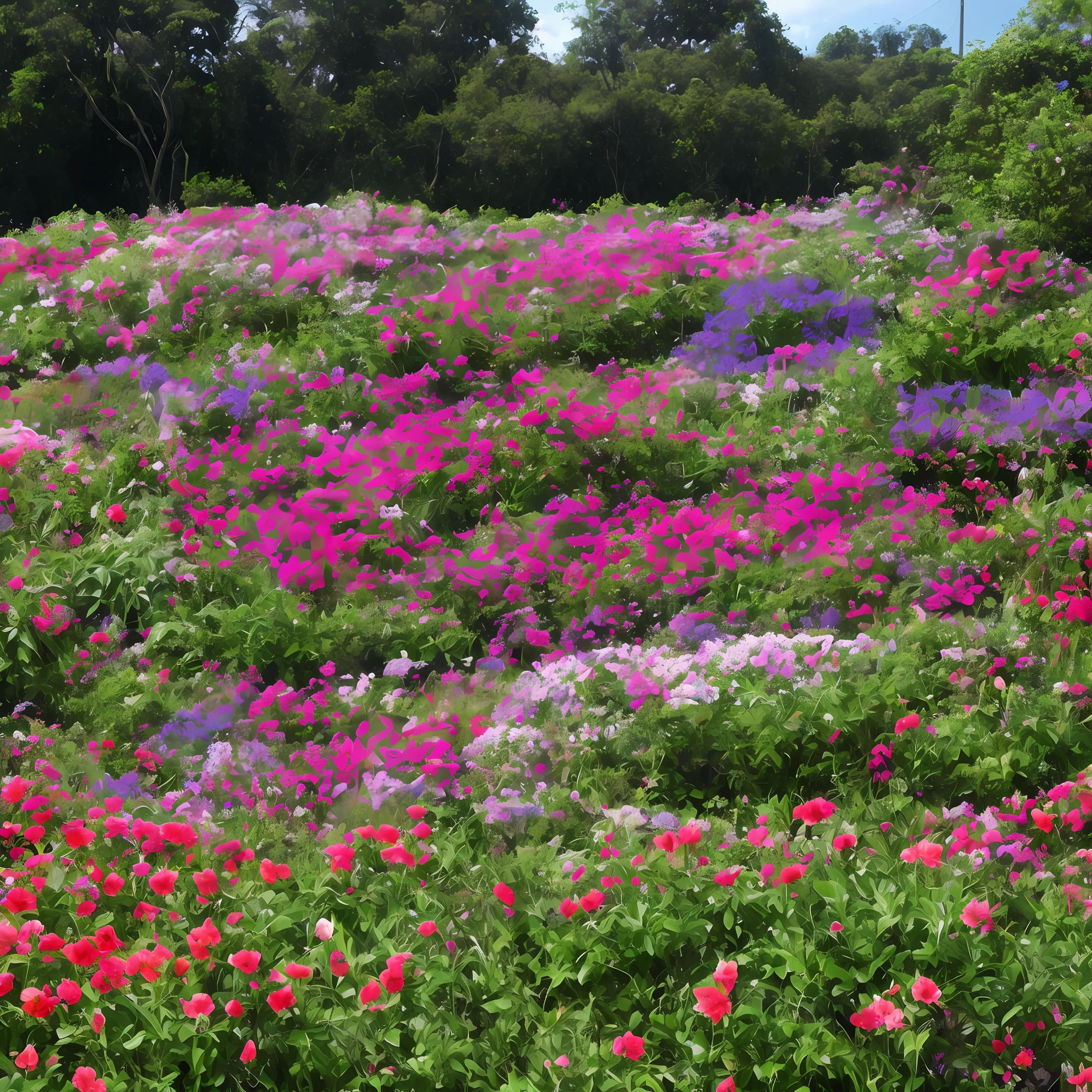 Uma paisagem serena, onde o sol poente pinta o horizonte com tons dourados. Um jardim repleto de flores coloridas, and at a distance, um pequeno riacho serpenteia tranquilamente.