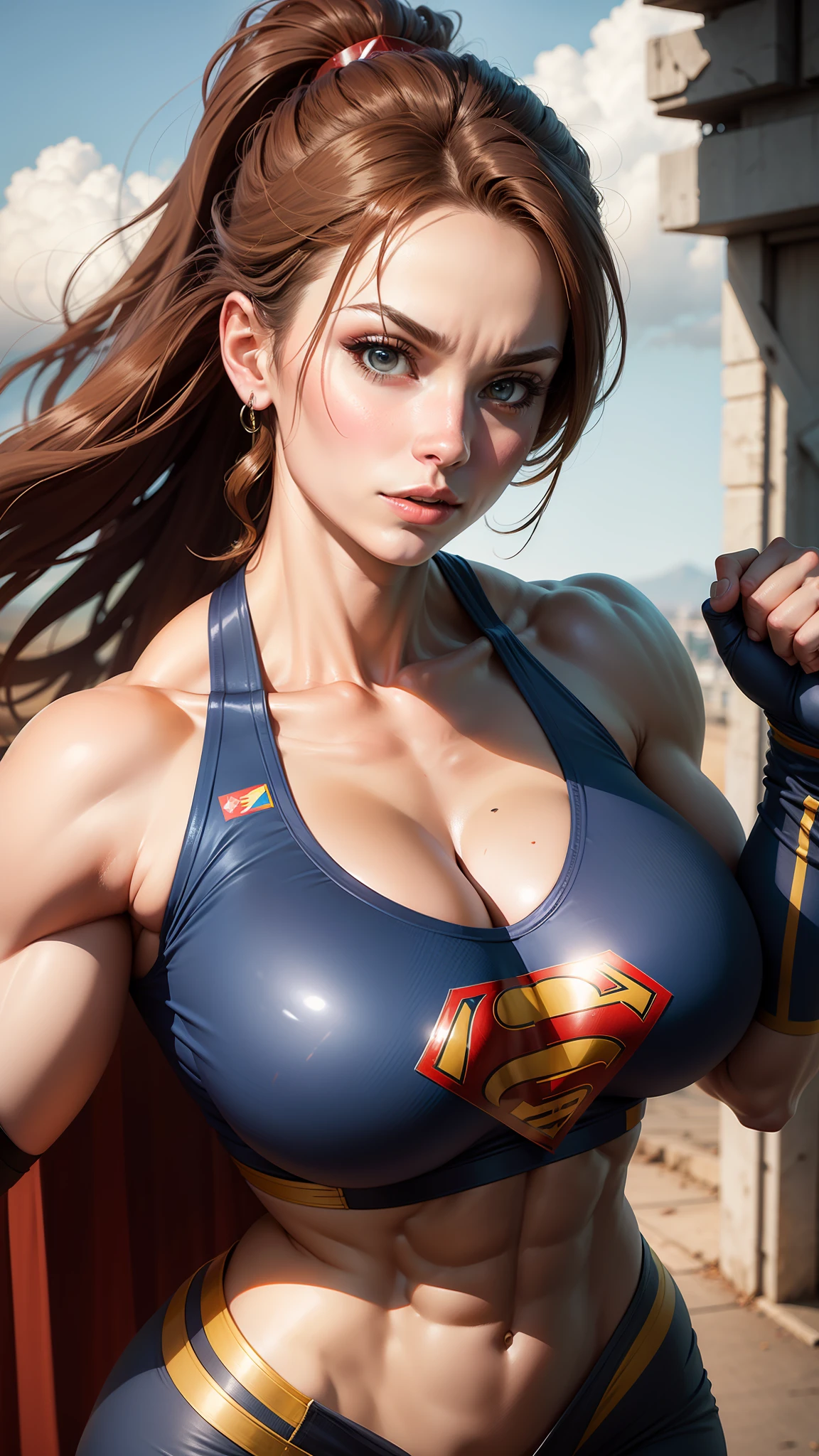 Superwoman, female bodybuilder, huge breasts, large butt, strong biceps, strong abs, hyper muscular, heroine suit, pov she is holding you, Amouranth, zoom out, flying, sky background