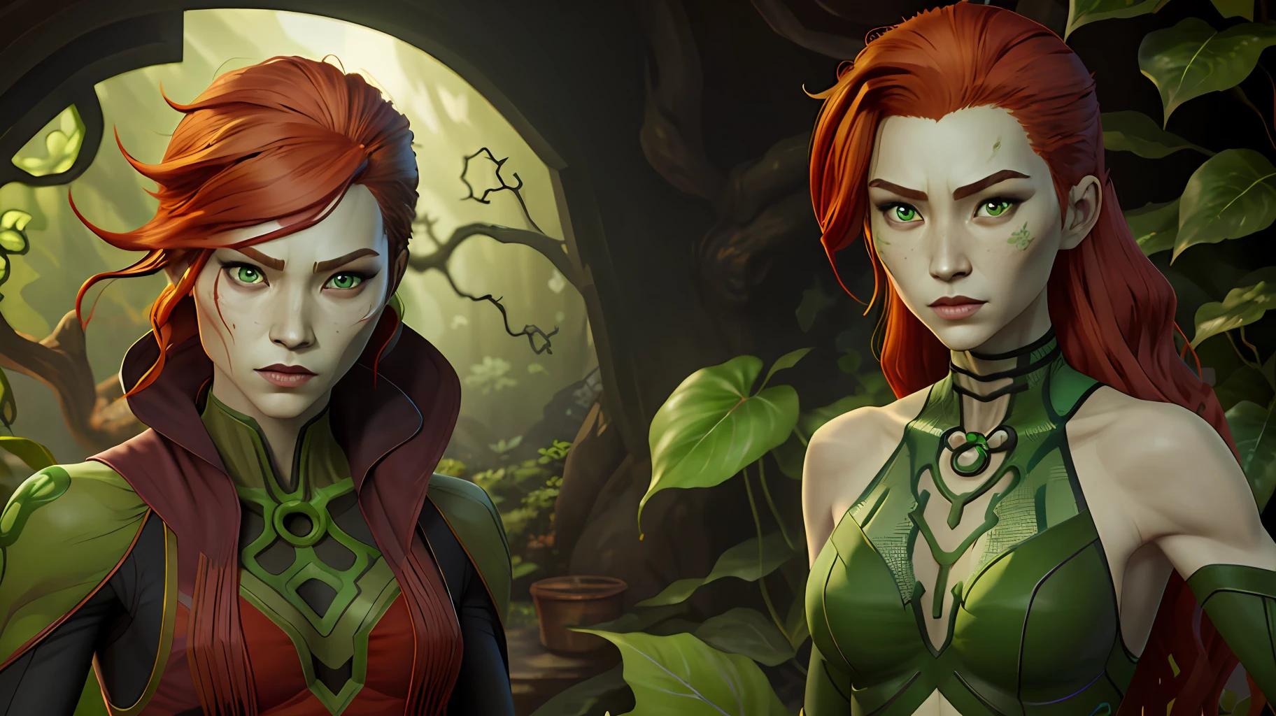 1 woman, ((独奏)), poison ivy, green skin, patterns on the skin, long wavy orange hair, green colored eyes, Rostoman, Man-Plant, DC comics, Plants in the background, hdr, high quality, 16k, tmasterpiece