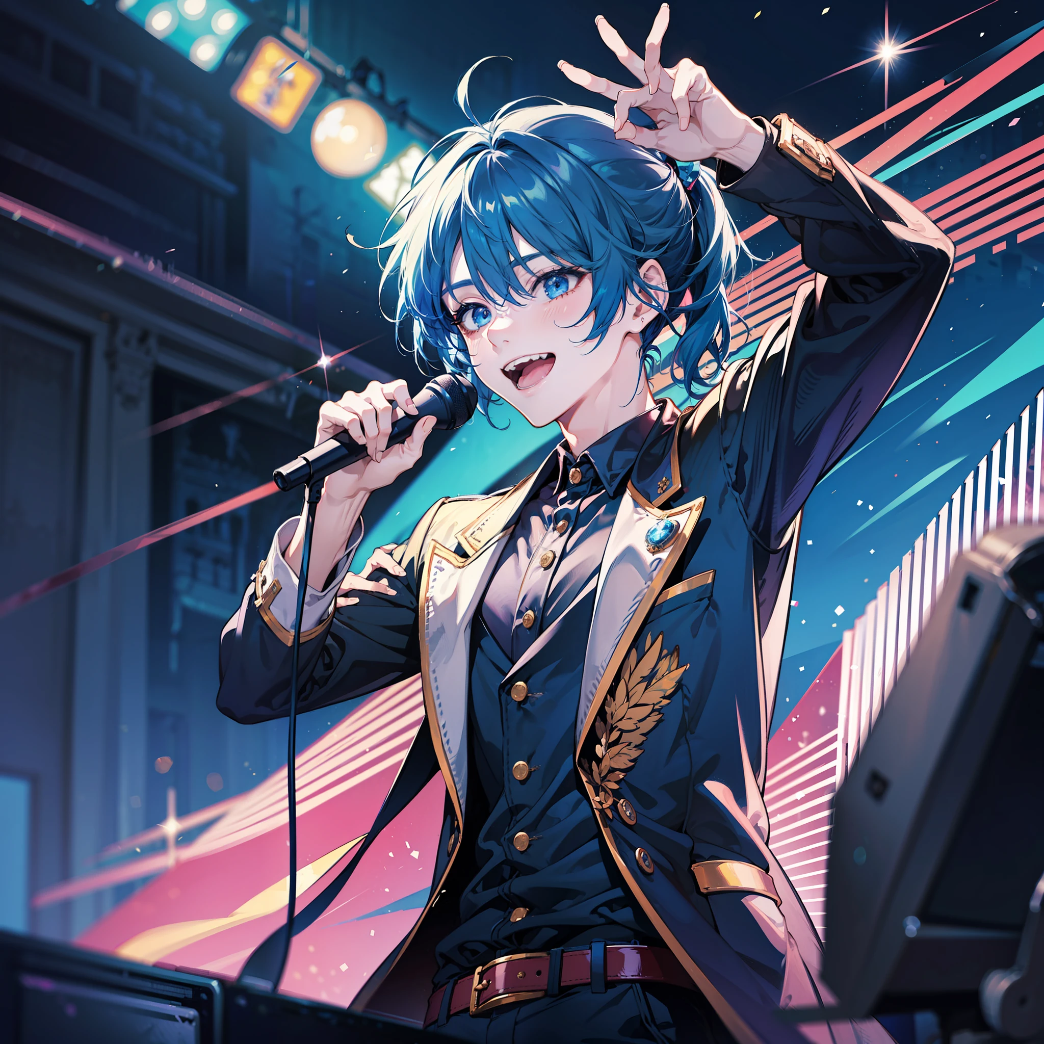 1male, anime idol, singing on stage, manly, handsome, dark blue hair, bangs, short ponytail, dark blue hair, ager, sharp light, highly detailed, blurry foreground, confident, smiling, pick me boy, charming