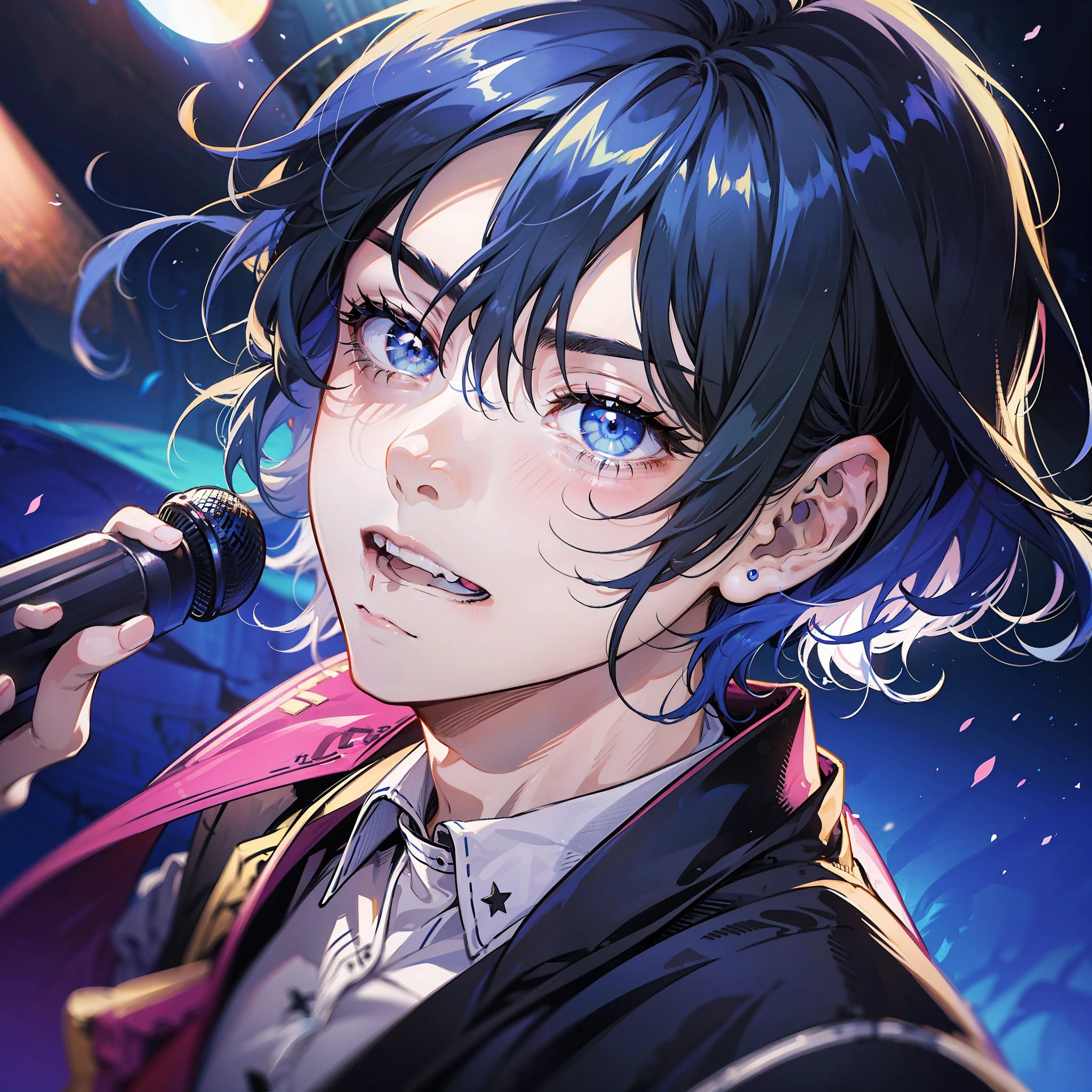 1male, anime idol, singing on stage, manly, handsome, dark blue hair, bangs, short ponytail, dark blue hair, ager, sharp light, highly detailed, blurry foreground, confident, smiling, pick me boy, charming