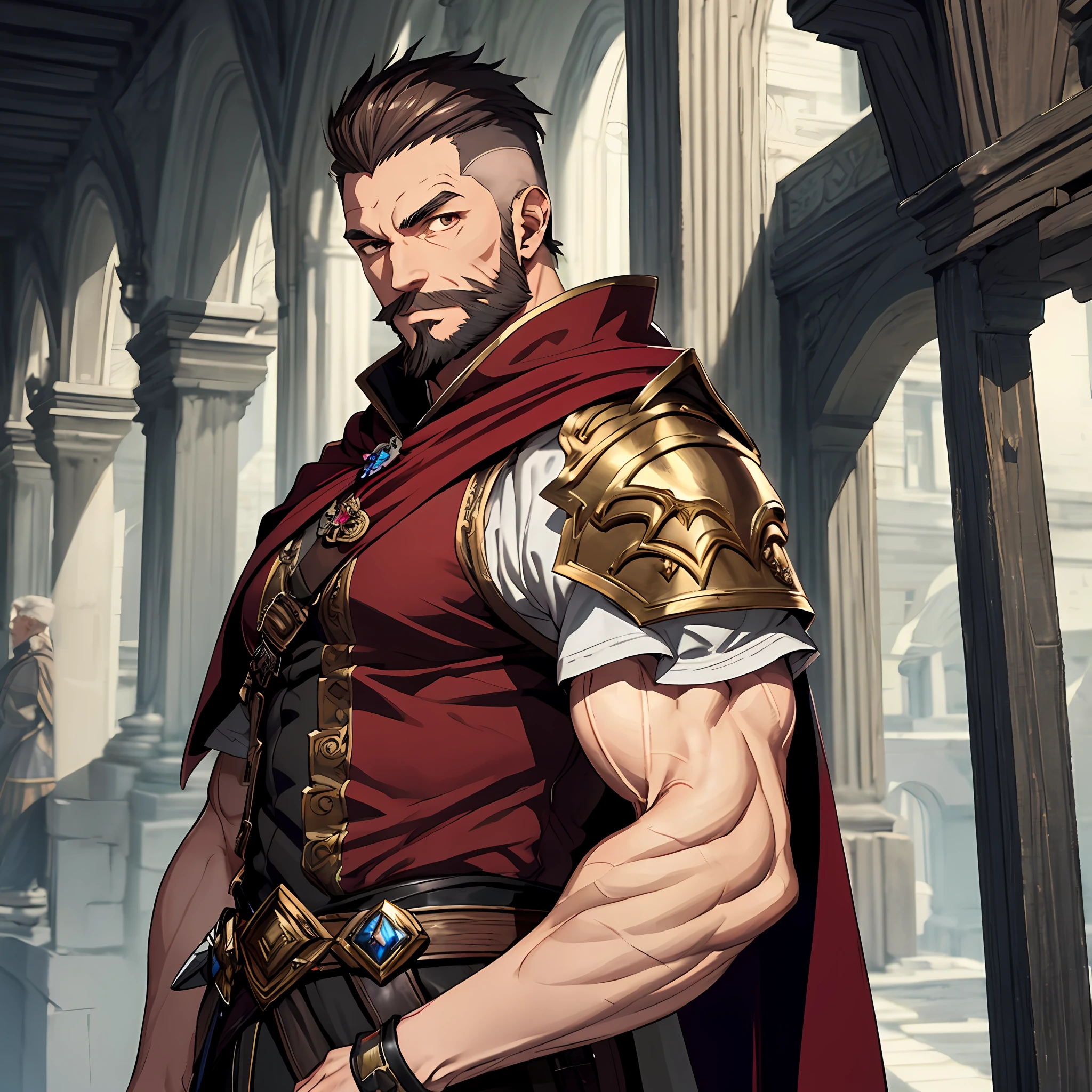 muscular, muscular arms, male, elder, old, old man, solo, male focused, side shaved hair, vibrant brown eyes, shadowverse style, masterpiece, highly detailed, Armor, Cape, dwarf, bearded, short figure