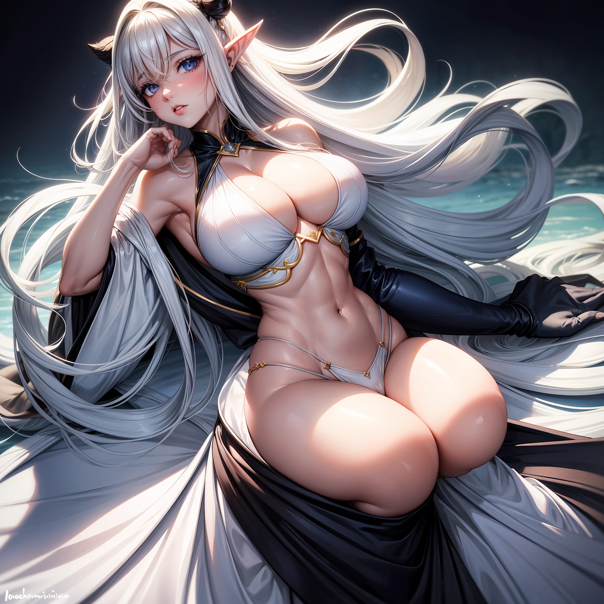 From above, ((Best Quality)), ((Masterpiece)), (Details), 1girl, she was wearing a revealing white dress. The dress, exposing the shoulders and navel, fit the body snugly and beautifully emphasized its curves. Her skin was white like ivory and soft and smooth to the touch. Her branded hair was straight and shiny pale. Her long hair ran down her back, making her figure look even more beautiful. Her eyes are large and deep indigo. Her lips were colored with cherry-colored lipstick and were plump and bulging. Her figure is somewhat mysterious and looks at the viewer. She was in a minimalist, simple and stark white room. Her face was beautifully trimmed and her eyes and nose were clear. The big black eyes were attractive with a deep and subtle glow. Her hair was long and lustrous, and her flowing beauty further enhanced her charm. Her mouth was small, and her well-formed lips were shining brightly. Her skin was smooth and very beautiful, almost silky. Her breasts and buttocks were large, and her thin waist was beautiful with its supple lines. , (large breasts, huge breasts, huge breasts, big breasts), long drooping, long drooping elf ears, abs