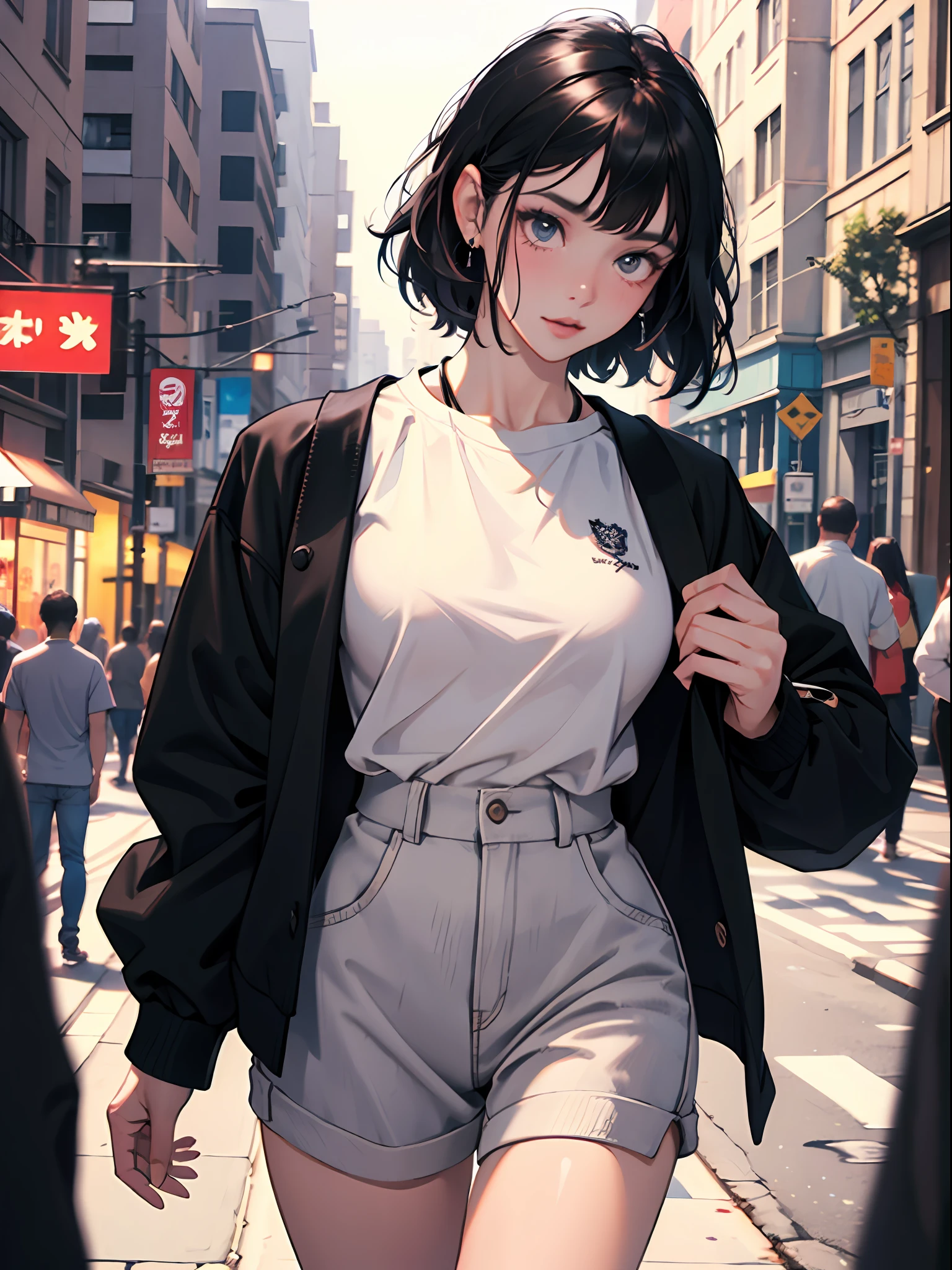 18 year old young girl : 1.3, short black hair: 1.2, Casual wear: 1.2, Daytime: 1.2, On the street: 1.2, Film lighting, Surrealism, UHD, ccurate, Super detail, textured skin, High detail, Best quality, 8k