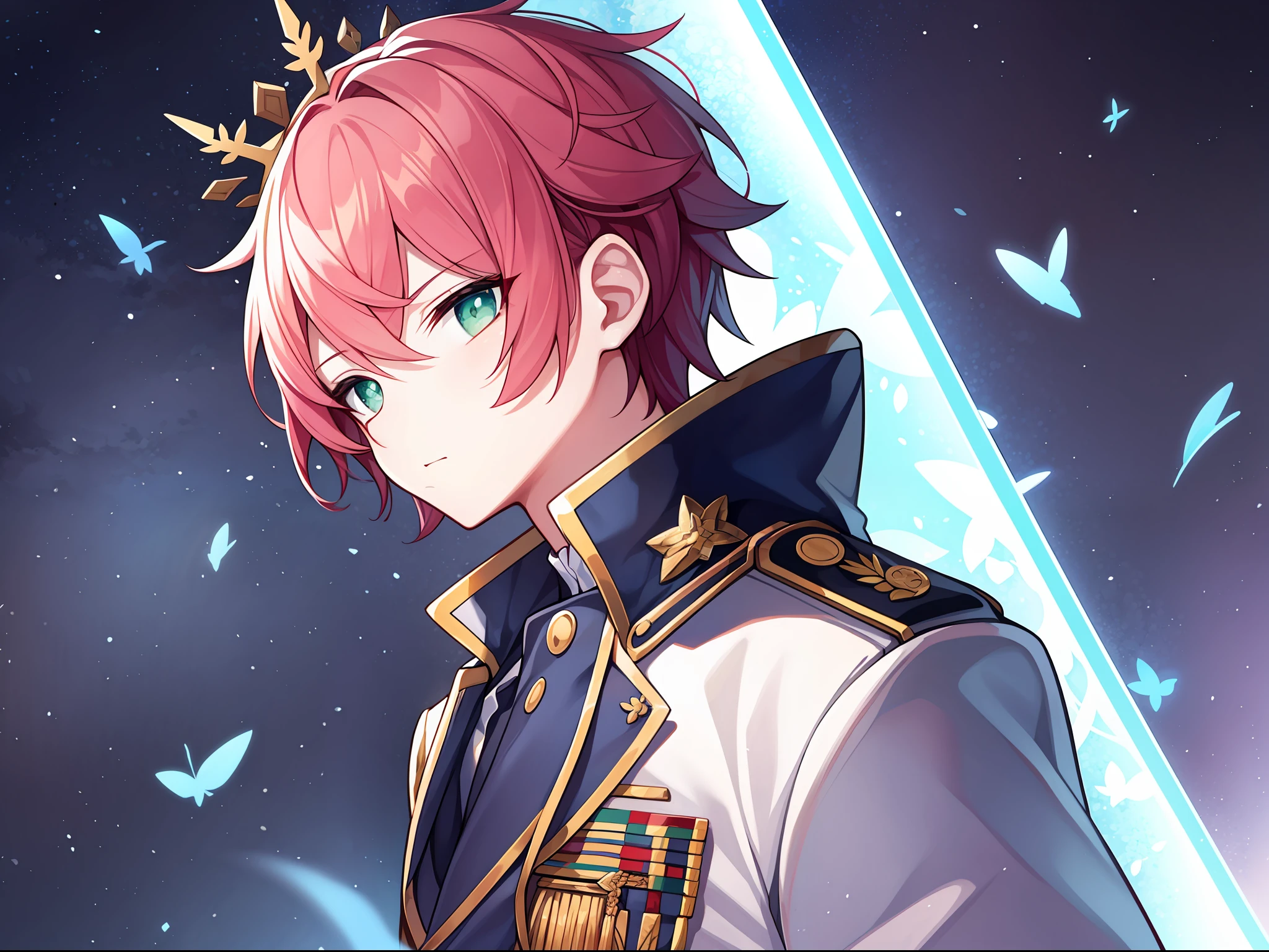 top-quality、dark backgrounds、Red-haired young idol youth in white military uniform wearing red small crown、独奏、Cool Men、Skinny handsome man、asymmetrical diagonal hairstyle with long transverse hairs on the left side,,,,,,Surrounded by pale blue round light、Wistful gaze、Green eyes、dark backgrounds、Gaussian effect、Backgrounds with depth、Fantastical
