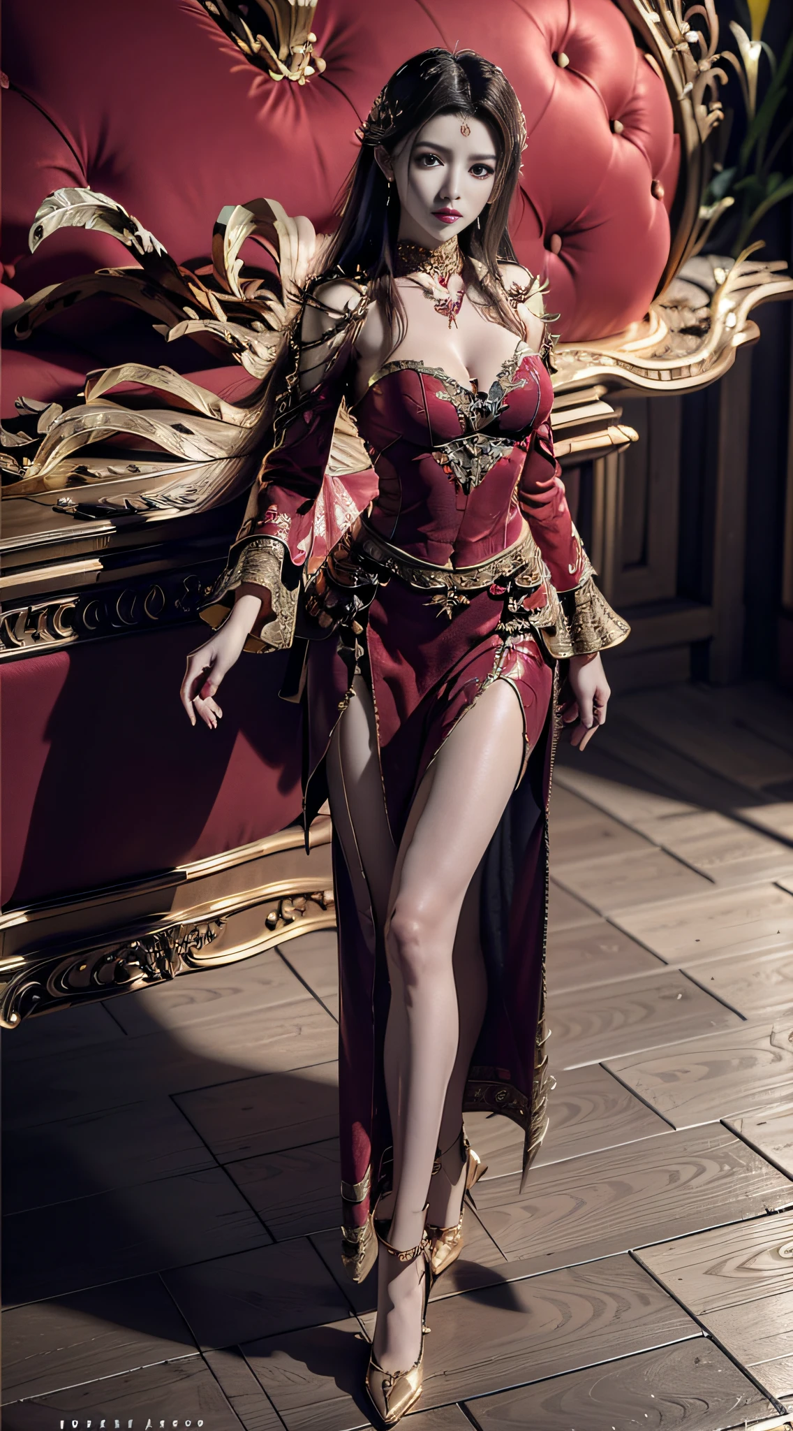 Noble and elegant royal sister，Phoenix element，The overall color tone is gold，red colour，The skirt has special gradient feathers，The simultaneous light is intertwined with the character flute，Gorgeous and exquisite。Long legs，Bigchest，Superskirt，Oriental red elements，has cleavage，