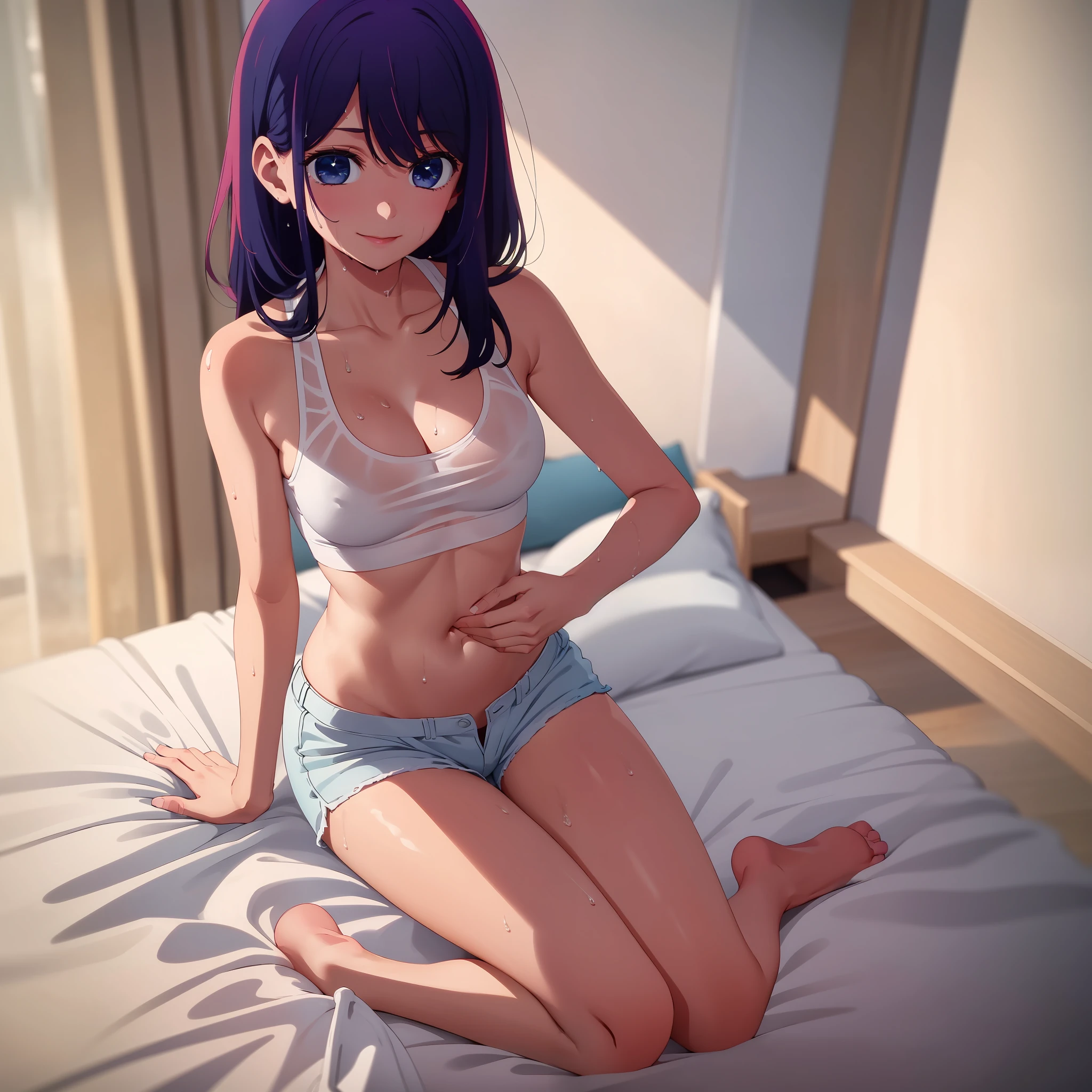 masterpiece, 8k, 1 girl, Looking at the audience, full body, smile face, ( expression details : 1.3 ), ( professional lighting), pony style, white crop top tanktop underwear, no bra,  Stomach, shorts, (lying: on the bed), wet, wet clothes, sweaty, wet hair, hard nipple, medium chest, Sit, Show body