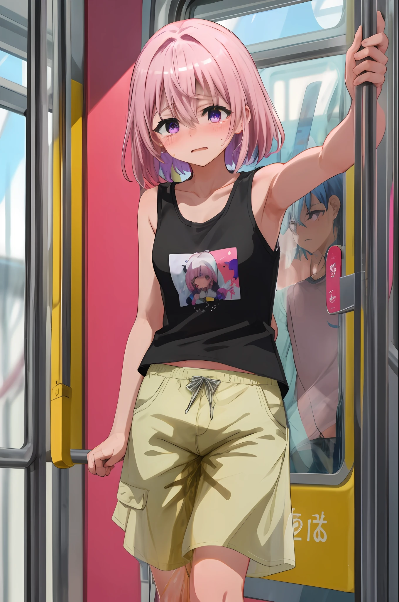 Momovelia Deviluk、A pink-haired、a purple eye、shorth hair、On the train、お漏らし、Blushing and crying、Touching the crotch、shortpants、Black tank top、Wet and see-through、perspiring