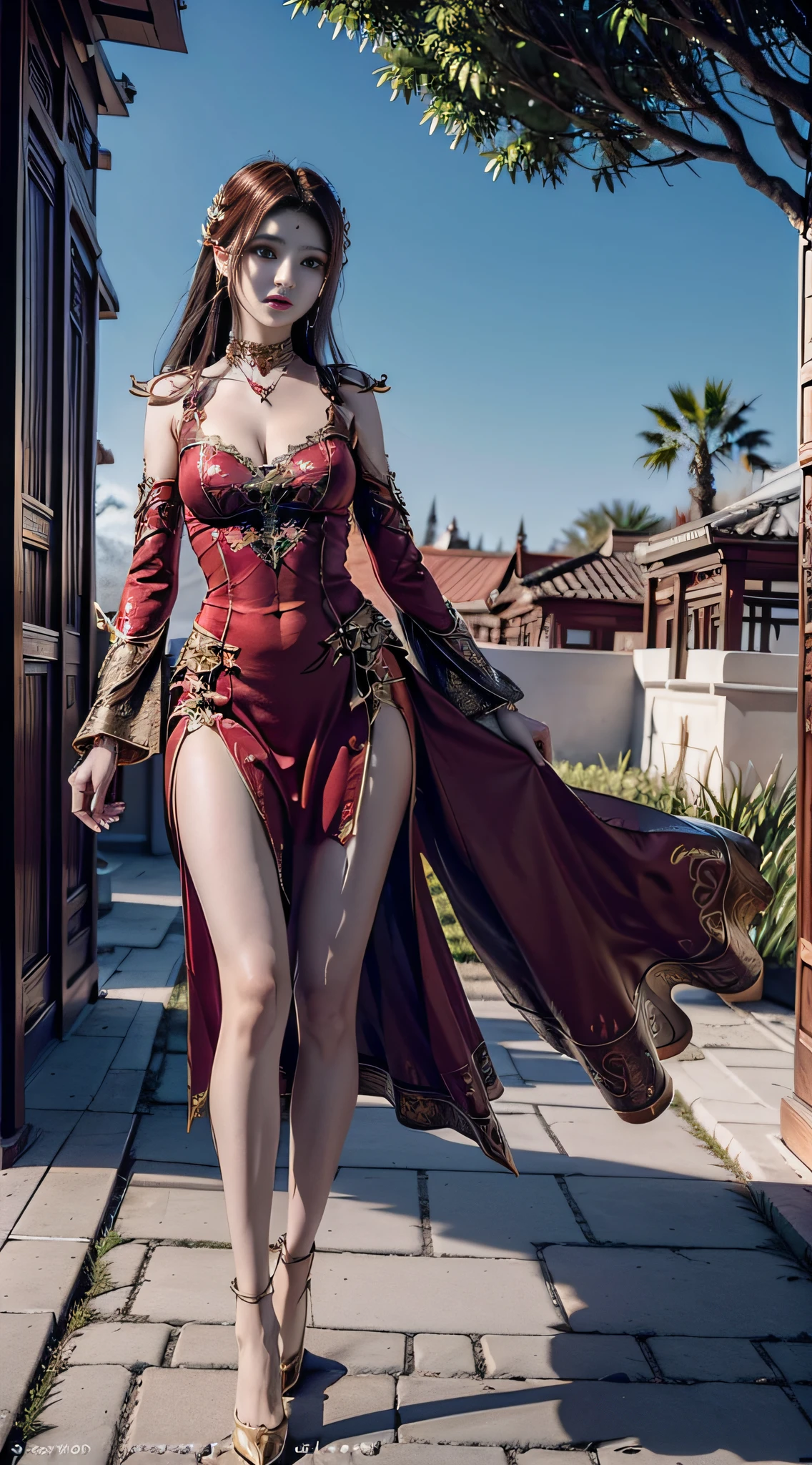 Noble and elegant royal sister，Phoenix element，The overall color tone is gold，red colour，The skirt has special gradient feathers，The simultaneous light is intertwined with the character flute，Gorgeous and exquisite。Long legs，Bigchest，Superskirt，Oriental red elements，has cleavage，