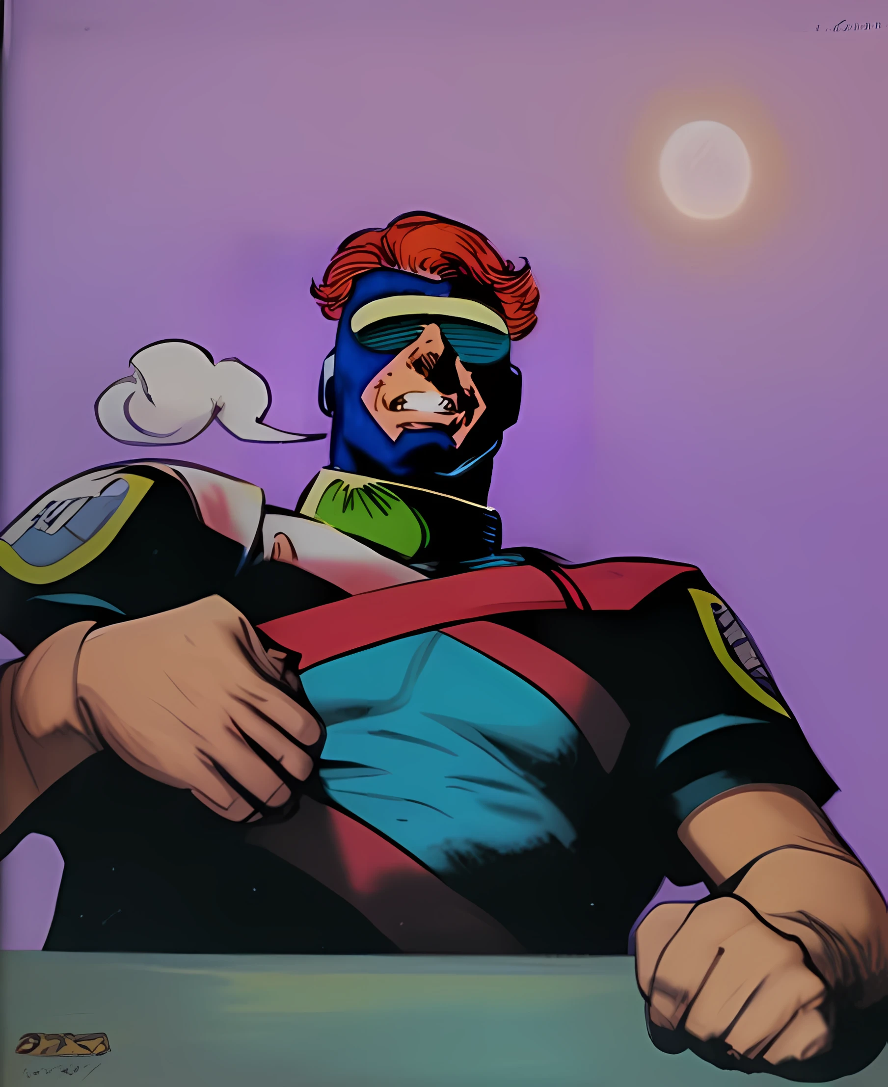 a close-up of a comic book Personage with a comic book, cycloPe, Craig Russel, P. Craig Russel, olhos de viseira, viseira escura cobrindo os olhos, A sombra um, sly exPression, glasses around the Pescoço, Highley rosto detalhado, Comics, He wears a taPa-eye, Painel de quadrinhos dos anos 1980, goggles on forehead