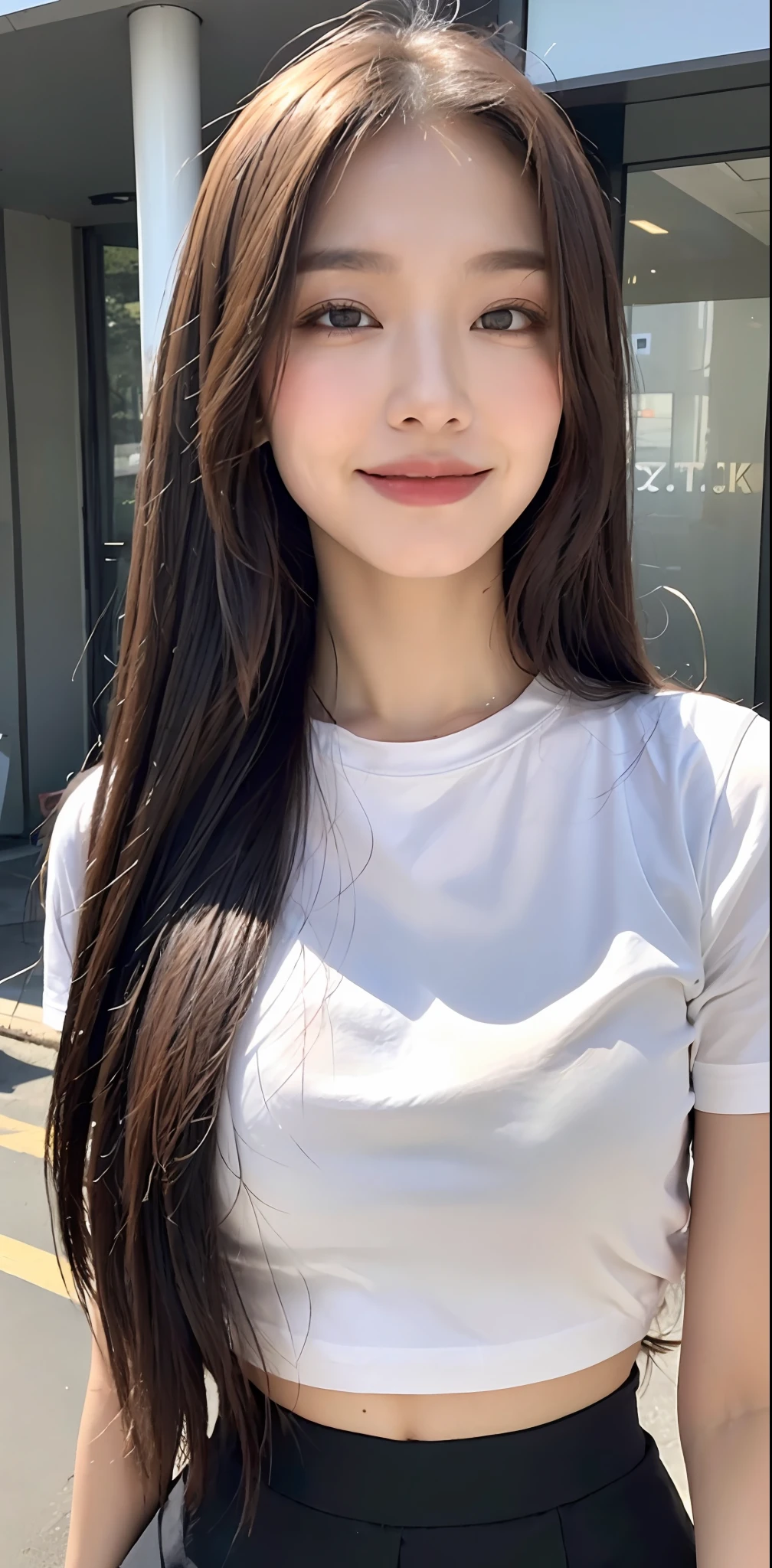 ((best quality, 8k, masterpiece: 1.3)), focus: 1.2, perfect body beauty: 1.4 , (smile), (Street: 1.3), highly detailed face and skin texture, fine eyes, double eyelids, whitening skin, (big wave hairstyle: 1.3), (round face: 1.5), (straight skirt: 1.4),