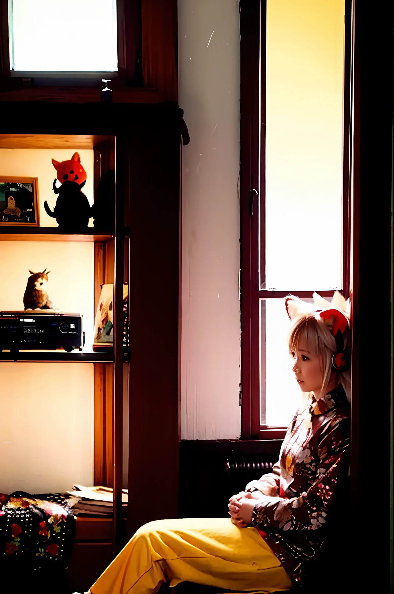 masutepiece, Best Quality, Indoors, 1girl in,Sitting, Animal ears, Komono, Blonde hair, Long hair、by the window