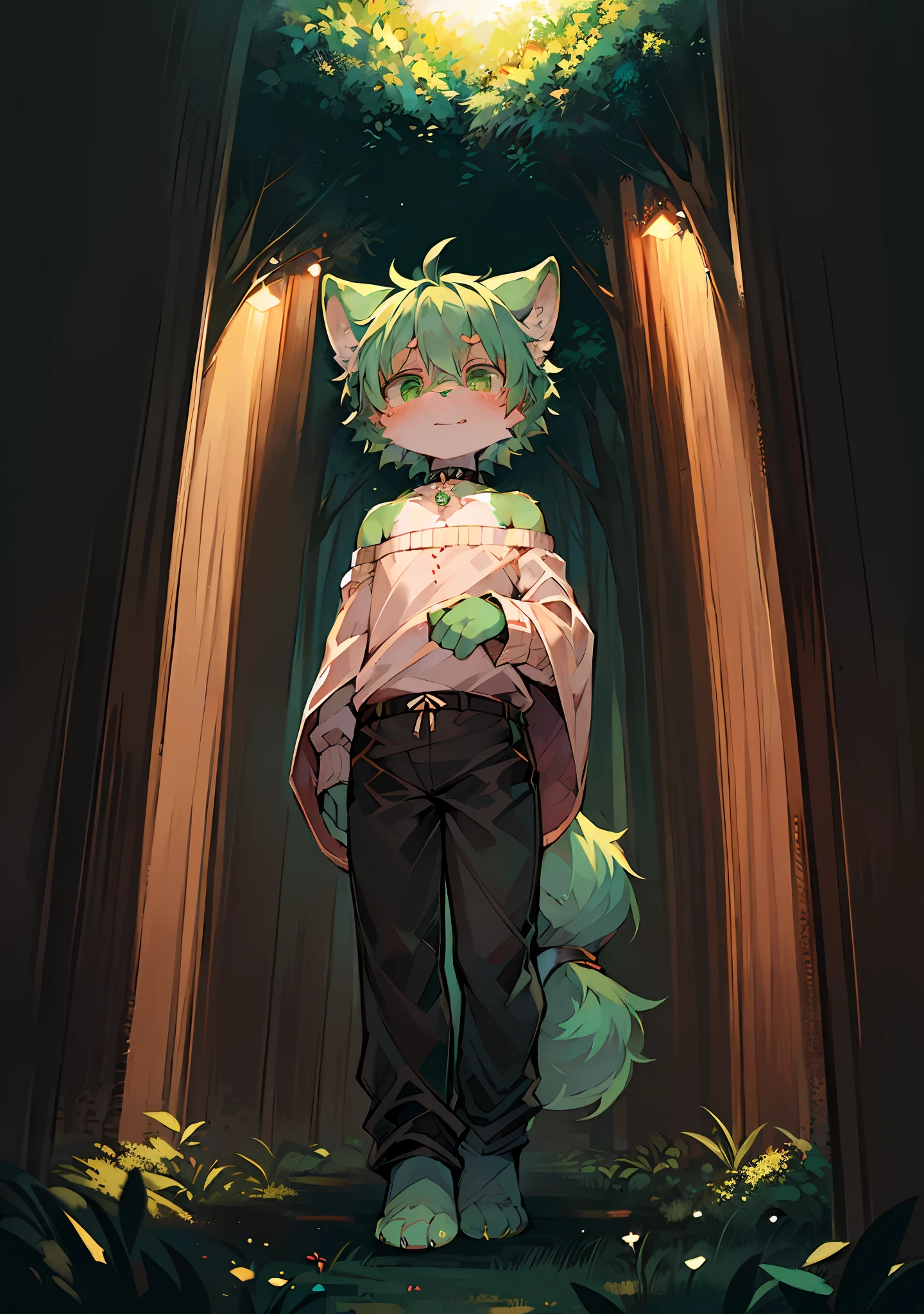 (Bright environment:0.8),masterpiece,high quality,abstract res,digital painting\(artwork\), by dagasi, yupa,kiyosan,(anthro,fluffy fur,character focus:1.1),anthro male cat,short hair,portrait , eyes with brightness, in a panoramic view, Character focus.(detailedbackground:0.8),独奏, shaggy, shaggy male, malefocus, anthr,(Full Body Furry, Fluffy tail, Dark green fur, Light green eyes, Dark green hair、Dark green feet with hair:1.3), (long canines、longer sleeves、shorter pants、choker necklace：1.3），（ln the forest、Layered trees、morning、：1.2）