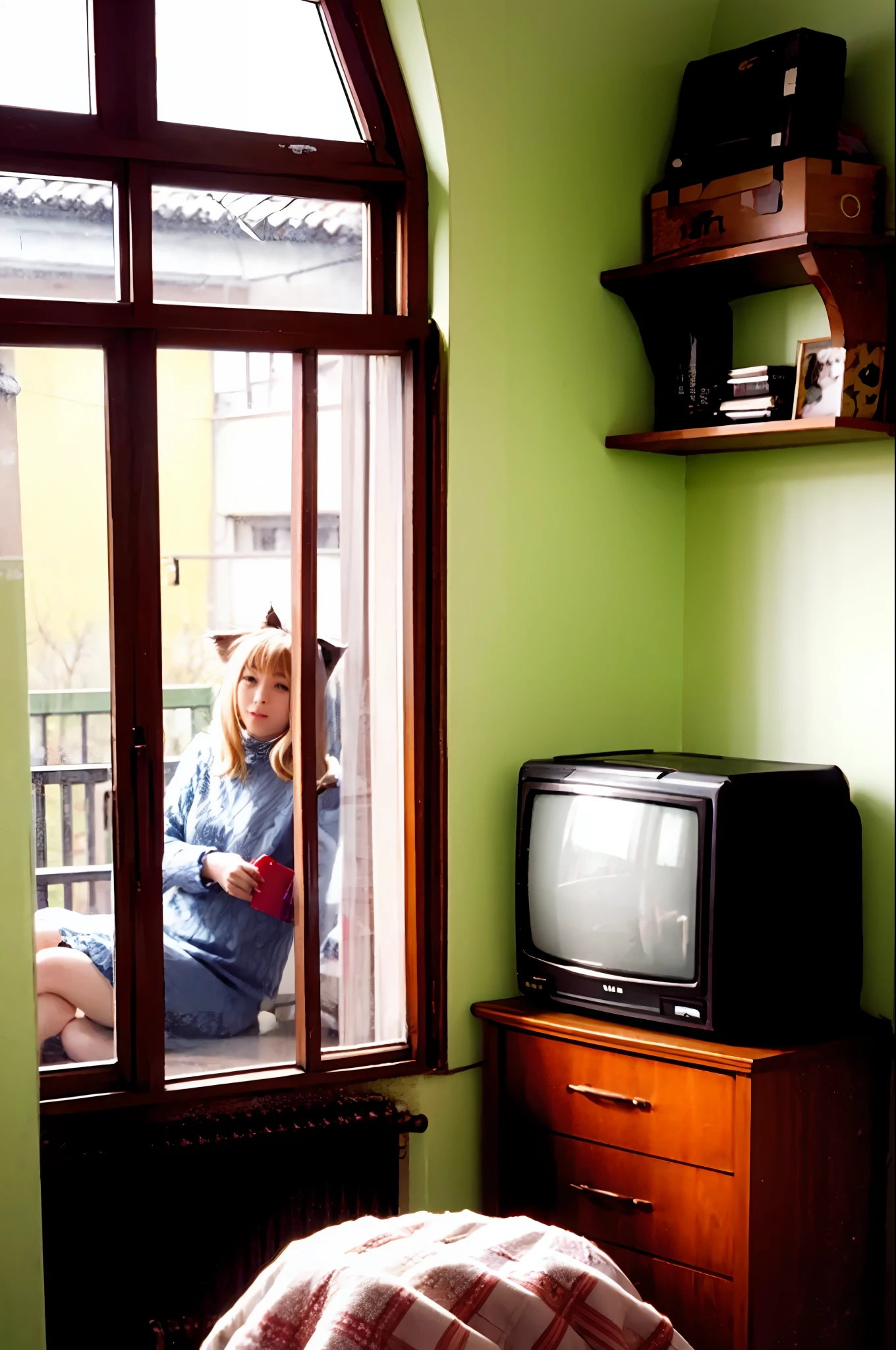 masutepiece, Best Quality, Indoors, 1girl in,Sitting, Animal ears, Komono, Blonde hair, Long hair、by the window