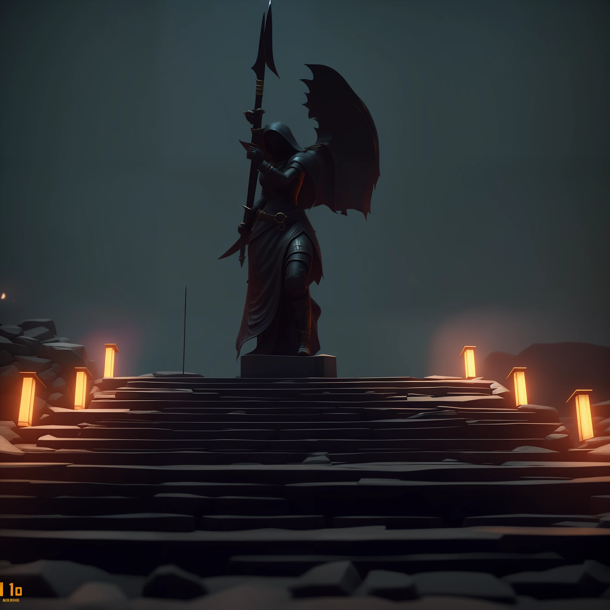 There is a statue of a woman holding a sword on a ladder, unreal engine render + uma deusa, (octan render) estilo fantasia, dark cinematic lighting, Vencedor do concurso Polycount, beautiful and cinematic lighting, Fantasy Style 8k Octane Rendering, O melhor da artstation, Vencedor do concurso Artstation, detailed cinematic render, Criado em Unreal Engine 5, unreal engine render concept art