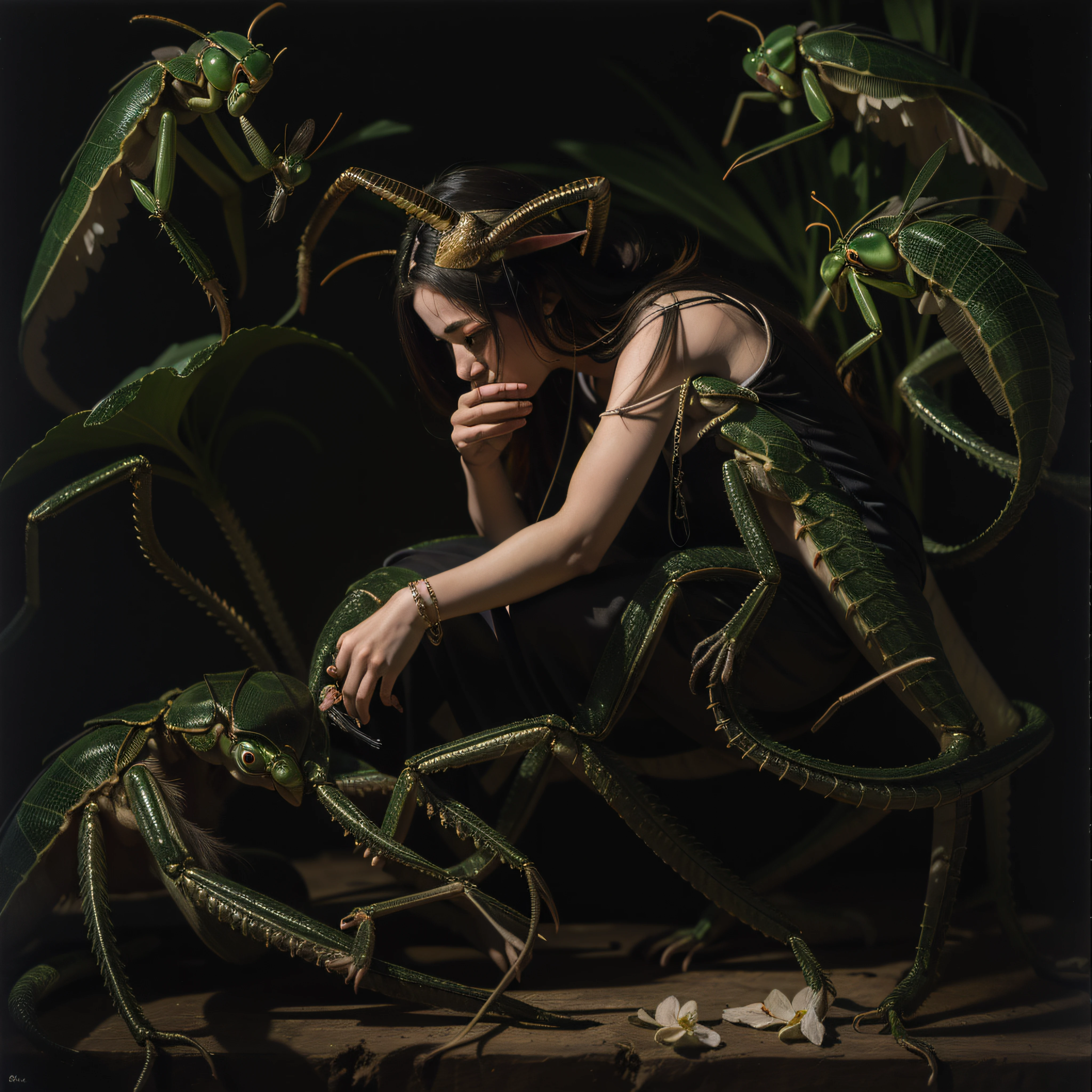 "((Obra maestra))(The best lighting, alto contraste, oscuro, dramatic, Acabado fotorrealista),(manchas y desperfectos como de daguerrotipo).(mujer con brazos de mantis religiosa, insecto, monja, enfado),(Baphometh saca la lengua), viejos, lobos, gusanos, lombrices, Serpientes. Luz Caravaggio"