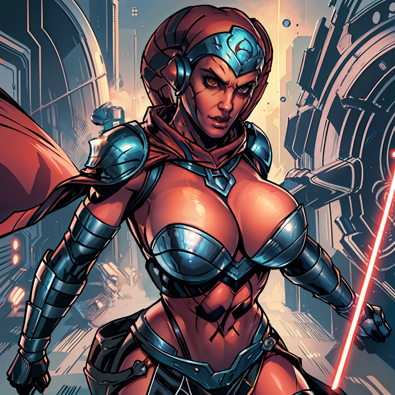 action scene, fighting, masterpiece, best quality, high-definition, armor, busty, ((red skin), twi'lek), dual red lightsabers, evil space knight, space ninja, (wearing black robes, black stealth armor, breastplate, tunic, tabard, cowl, cloak, body glove, straps, buckles, skirts, long sleeves, fantasy, ((armor))), ((busty), slender body, thin, slim sexy body, slim waist, (((huge breasts)))), Imperial starship, Star Wars,