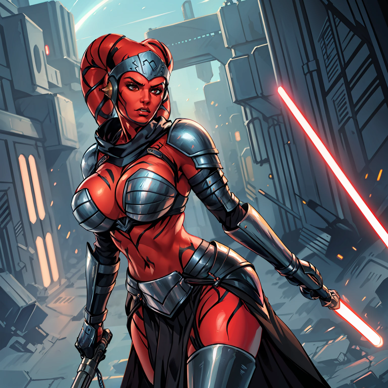 action scene, fighting, masterpiece, best quality, high-definition, armor, busty, ((red skin), twi'lek), dual red lightsabers, evil space knight, space ninja, (wearing black robes, black stealth armor, breastplate, tunic, tabard, cowl, cloak, body glove, straps, buckles, skirts, long sleeves, fantasy, ((armor))), ((busty), slender body, thin, slim sexy body, slim waist, (((huge breasts)))), Imperial starship, Star Wars,