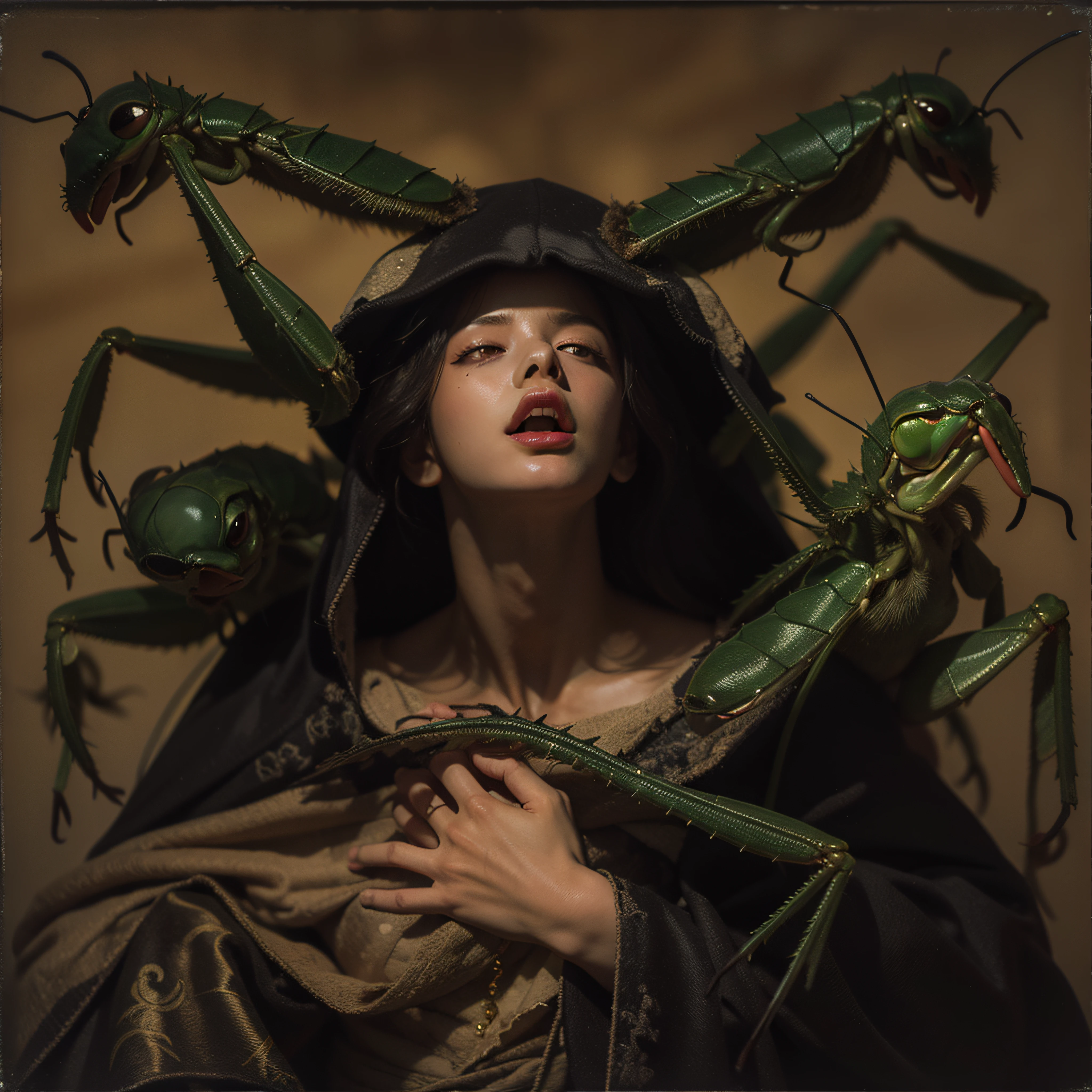 "((Obra maestra))(The best lighting, alto contraste, oscuro, dramatic, Acabado fotorrealista),(manchas y desperfectos como de daguerrotipo).(mujer con brazos de mantis religiosa, insecto, monja, enfado),(Baphometh saca la lengua), viejos, lobos, gusanos, lombrices, Serpientes. Luz Caravaggio"