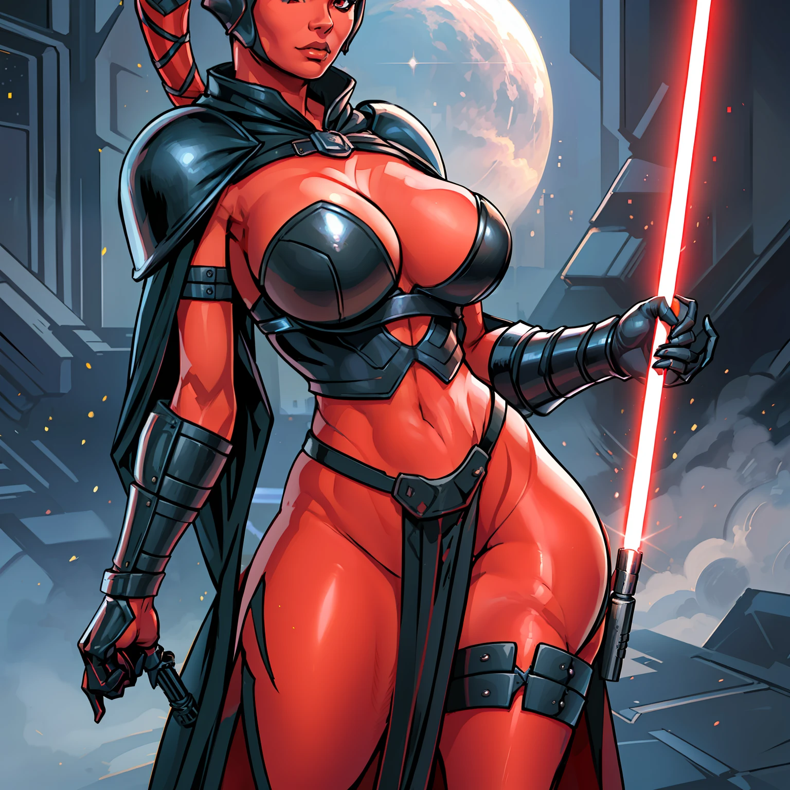 busty, masterpiece, best quality, highly detailed, award winning, high definition, ((red skin), twi'lek), dual red lightsabers, evil space knight, space ninja, (black robes, black stealth armor, breastplate, tunic, tabard, cowl, cloak, body glove, straps, buckles, skirts, long sleeves, fantasy, ((armor))), ((busty), slender body, thin, slim sexy body, slim waist, (((huge breasts)))), Imperial starship, Star Wars,