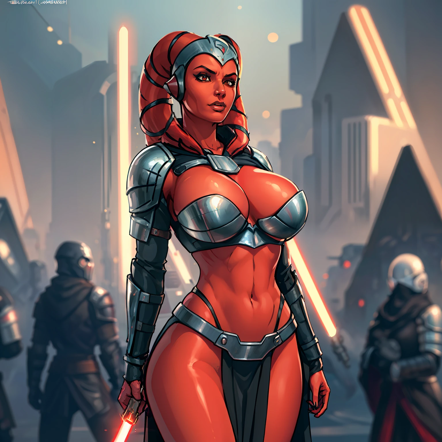 busty, masterpiece, best quality, highly detailed, award winning, high definition, ((red skin), twi'lek), dual red lightsabers, evil space knight, space ninja, (black robes, black stealth armor, breastplate, tunic, tabard, cowl, cloak, body glove, straps, buckles, skirts, long sleeves, fantasy, ((armor))), ((busty), slender body, thin, slim sexy body, slim waist, (((huge breasts)))), Imperial starship, Star Wars,