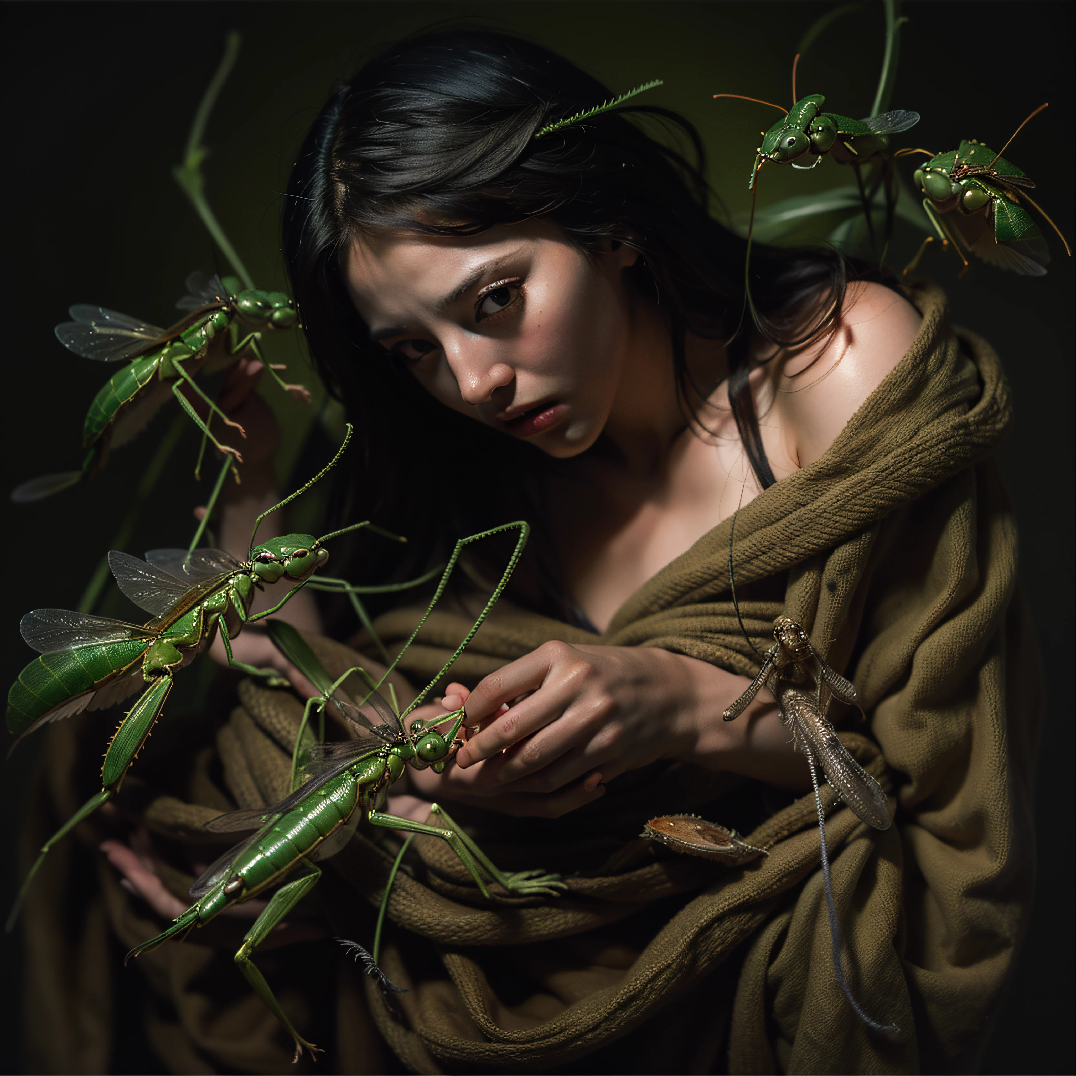 "((Obra maestra))(The best lighting, alto contraste, oscuro, dramatic, Acabado fotorrealista),(manchas y desperfectos como de daguerrotipo).(mujer con brazos de mantis religiosa, insecto, monja, enfado),(Baphometh saca la lengua), viejos, lobos, gusanos, lombrices, Serpientes. Luz Caravaggio"