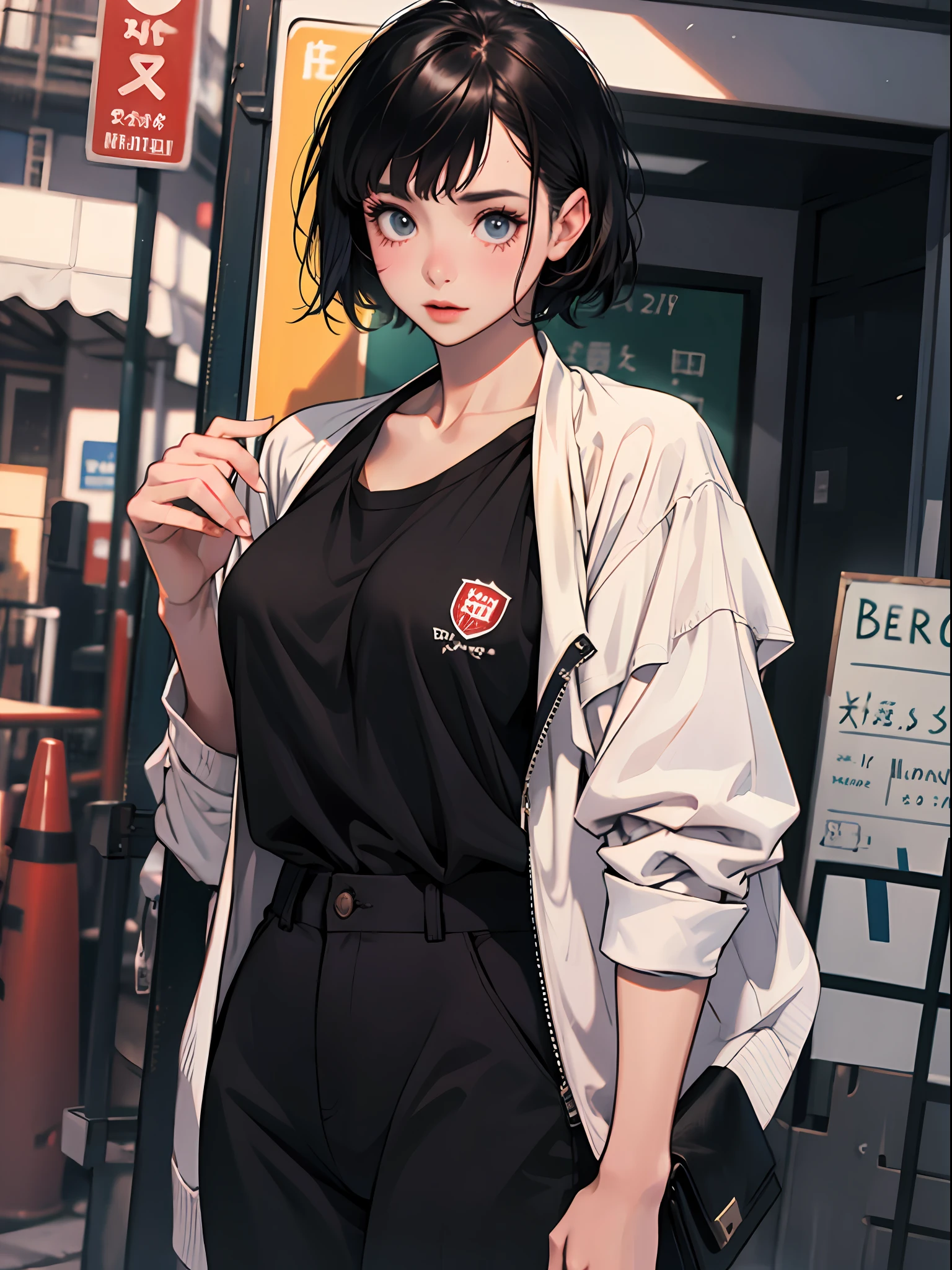 18 year old young girl : 1.3, short black hair: 1.2, Casual wear: 1.2, Daytime: 1.2, On school: 1.2, Film lighting, Surrealism, UHD, ccurate, Super detail, textured skin, High detail, Best quality, 8k