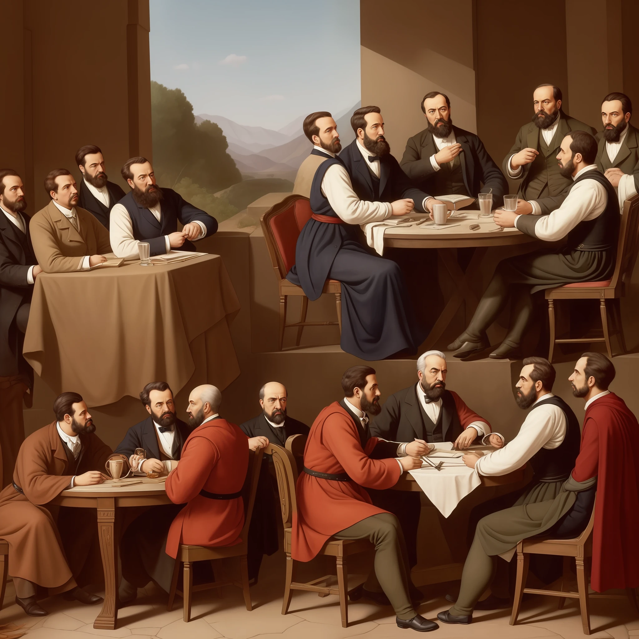 Ultra realistic, A crowd of people sitting at a table philosophizing, as well as the great philosophers such as Karl Marx, Nietzsche and Socrates, but despite the philosophers appearing to be from an ancient time, they are meeting in a modern place like a mall