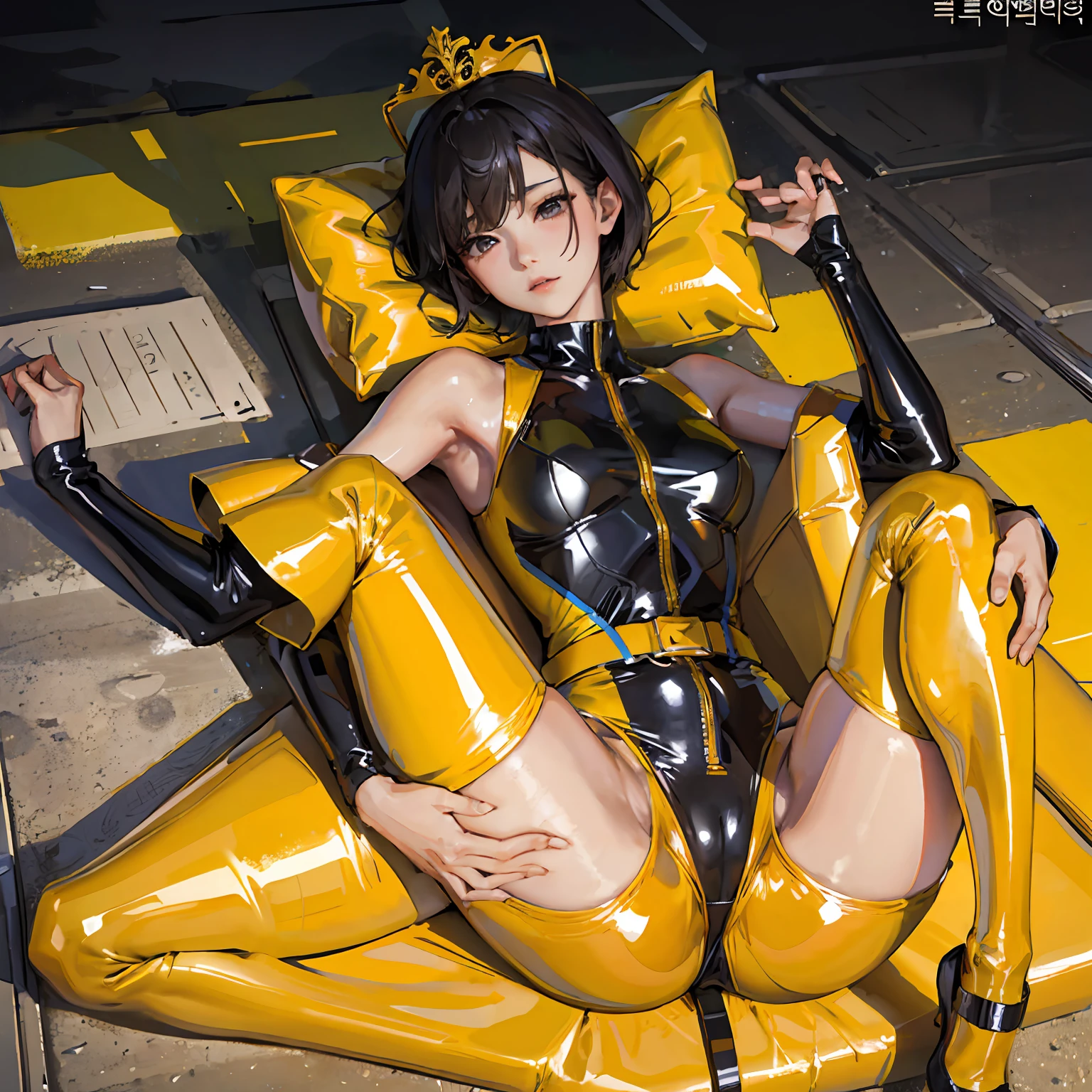 South Korean beauties,with short black hair,Raised sexy,Dressed in a seamless yellow one-piece latex suit,Lie on the floor,Rear perspective,Tightness,4k高清,,Thighs are broken,Fleshy,Hand on the ground --auto