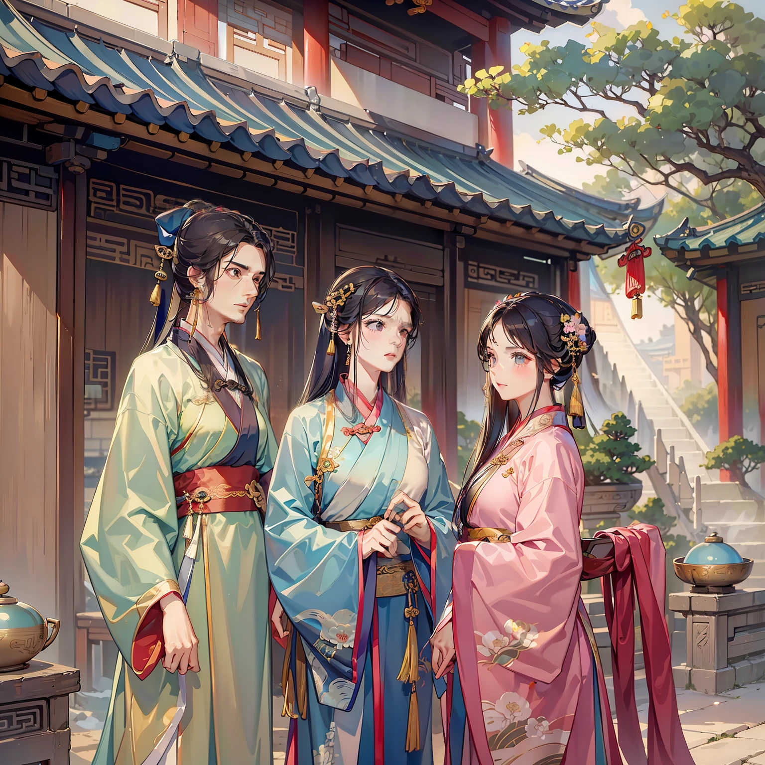 (A lovely young girl stands next to a middle-aged woman and a middle-aged man, wearing Hanfu)
(In an ancient courtyard)
(Chinese)