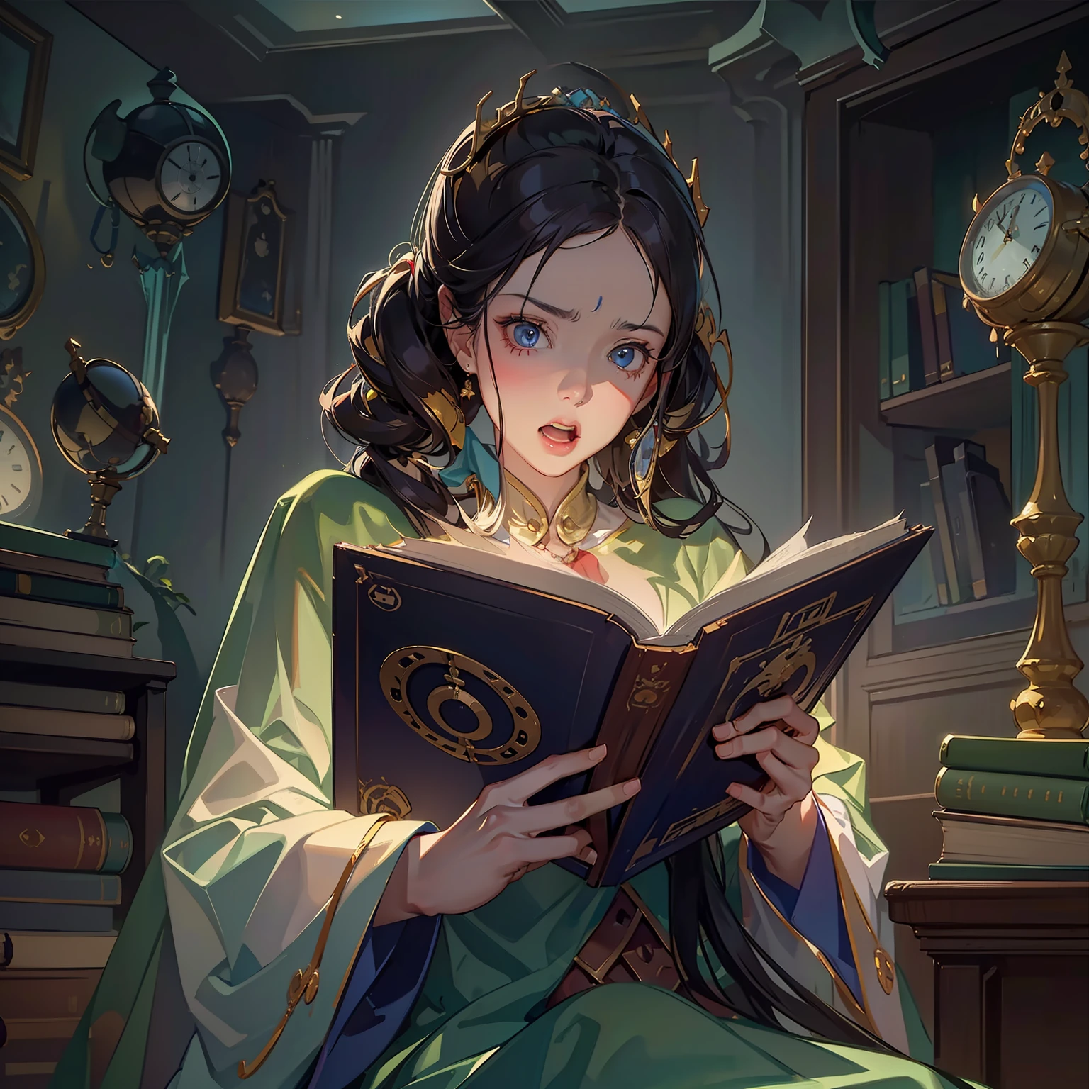 (A female Doctor of Doom, surprised)
(Looks down and reads)
(in the room)
(A strange book)
(The book glows)