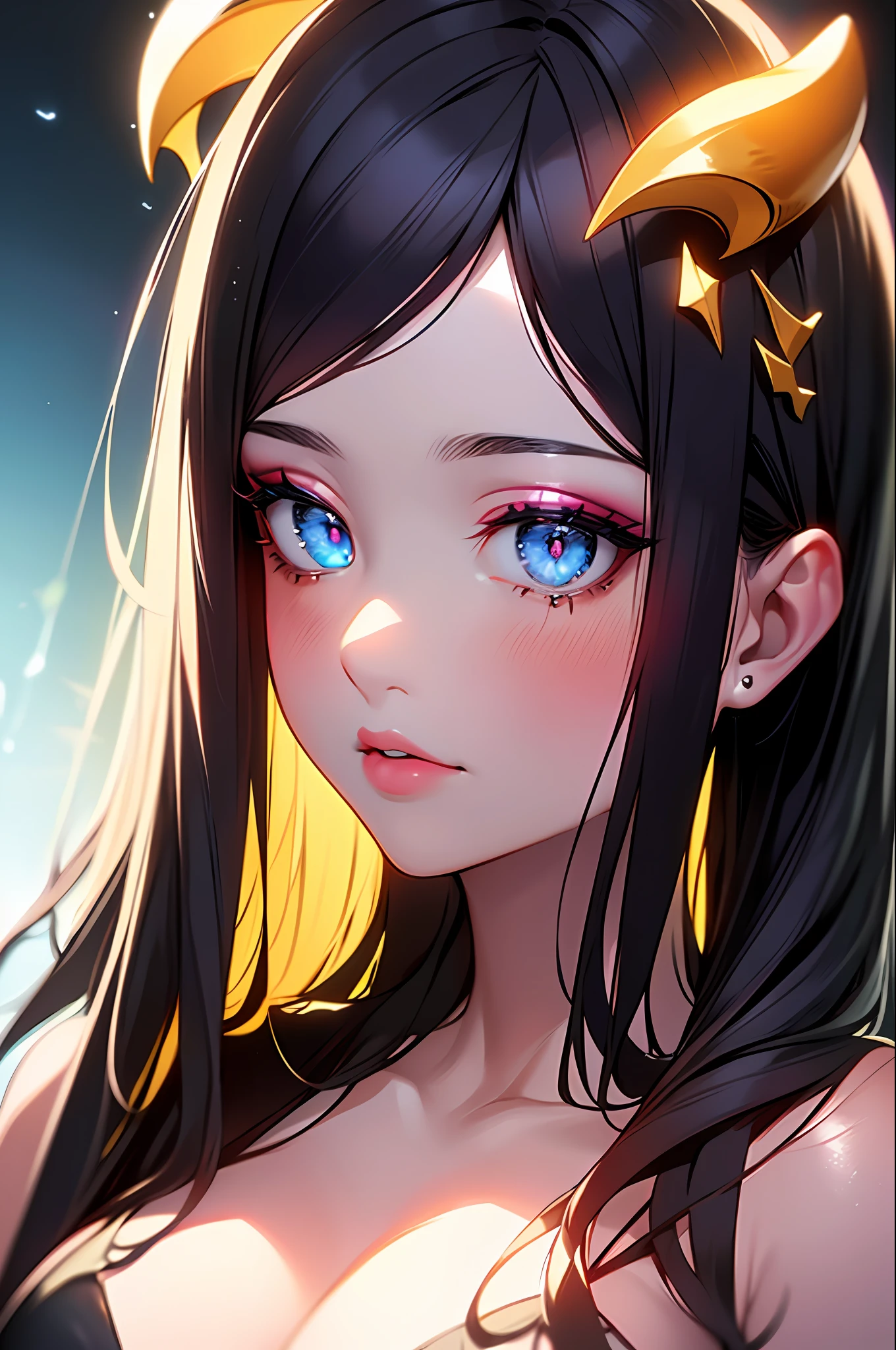 (Masterpiece:1.2), best quality, (illustration:1.2), (ultra-detailed),Eye focus,(Masterfully crafted Glow, pink lens flare), (Cinematic background), hyper details, (delicate detailed), (intricate details),in the air, octane render, hdr, (hyperdetailed:1.15), (soft light:1.2), 1girl, beautiful girl, ultra detailed eyes, mature, plump, thick, rainbow painting drops, paint teardrops, woman made up from paint, entirely paint, splat, splash, outdoors, (bioluminescent hair:1.1),(glowing eyes), ((makeup)),(Cinematic masterpiece), fierce, powerful, splashes of colour absolutely eye-catching, (Cinematic headlight), light coming from above, growing shadows, ((caustic)), dynamic angle, beautiful detailed glow, ambient occlusion, ambient light, raytraced reflections,(best illumination, an extremely delicate and beautiful), ((cinematic light)), (soft:2), (Nephilim:1.2), (halo), demon horns,(1 angel wing),1 demon wing, wings on back, half demon, demon ears, black wings, raven wings, (falling raven feathers), black hair, grey eyes, (red hair glow), (radiant aura),