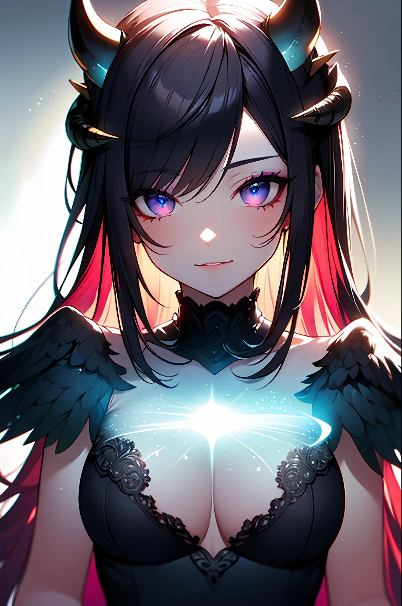 (Masterpiece:1.2), best quality, (illustration:1.2), (ultra-detailed),Eye focus,(Masterfully crafted Glow, pink lens flare), (Cinematic background), hyper details, (delicate detailed), (intricate details),in the air, octane render, hdr, (hyperdetailed:1.15), (soft light:1.2), 1girl, beautiful girl, ultra detailed eyes, mature, plump, thick, rainbow painting drops, paint teardrops, woman made up from paint, entirely paint, splat, splash, outdoors, (bioluminescent hair:1.1),(glowing eyes), ((makeup)),(Cinematic masterpiece), fierce, powerful, splashes of colour absolutely eye-catching, (Cinematic headlight), light coming from above, growing shadows, ((caustic)), dynamic angle, beautiful detailed glow, ambient occlusion, ambient light, raytraced reflections,(best illumination, an extremely delicate and beautiful), ((cinematic light)), (soft:2), (Nephilim:1.2), (halo), demon horns,(1 angel wing),1 demon wing, wings on back, half demon, demon ears, black wings, raven wings, (falling raven feathers), black hair, grey eyes, (red hair glow), (radiant aura),