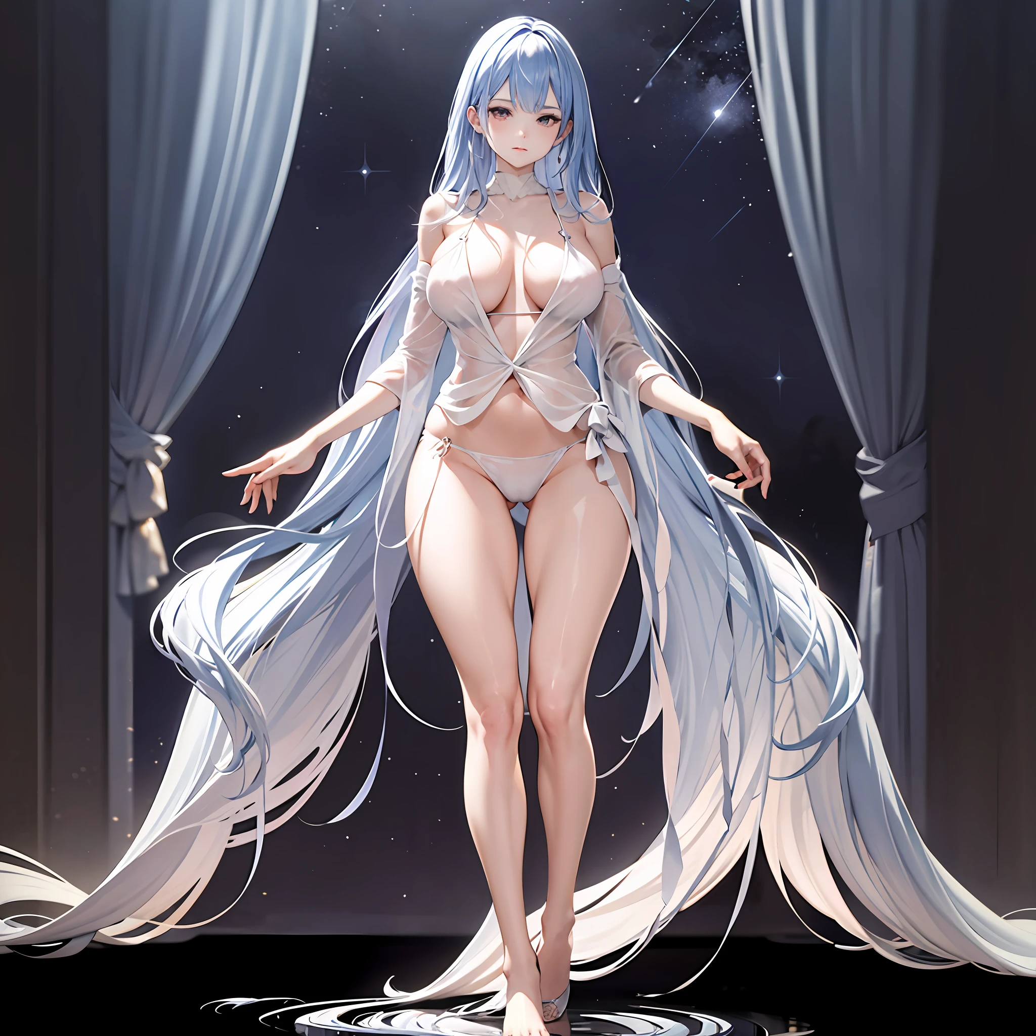 Masterpiece, a beautiful void goddess, gorgeous clothes on gold pattern, full body white transparent bikini standing under empty night stars, disappeared transparent pants, full body standing, tall figure, slender legs, facial details, detailed body part details, 8k wallpaper